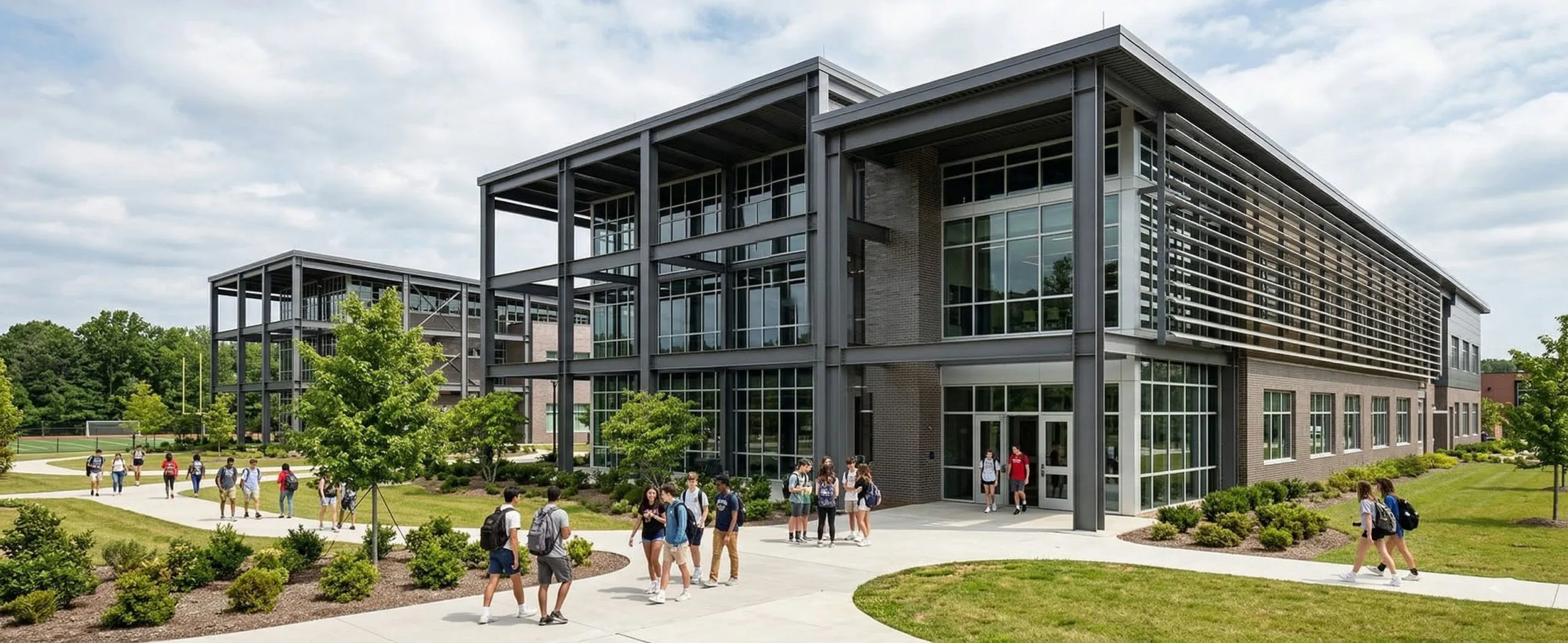 Modern steel frame school building exterior with exposed structural columns, large classroom windows, shaded facade panels, and students walking through a landscaped campus entrance.