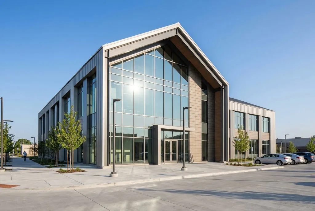 Modern steel showroom building with glass entrance facade and customized exterior design for commercial display applications