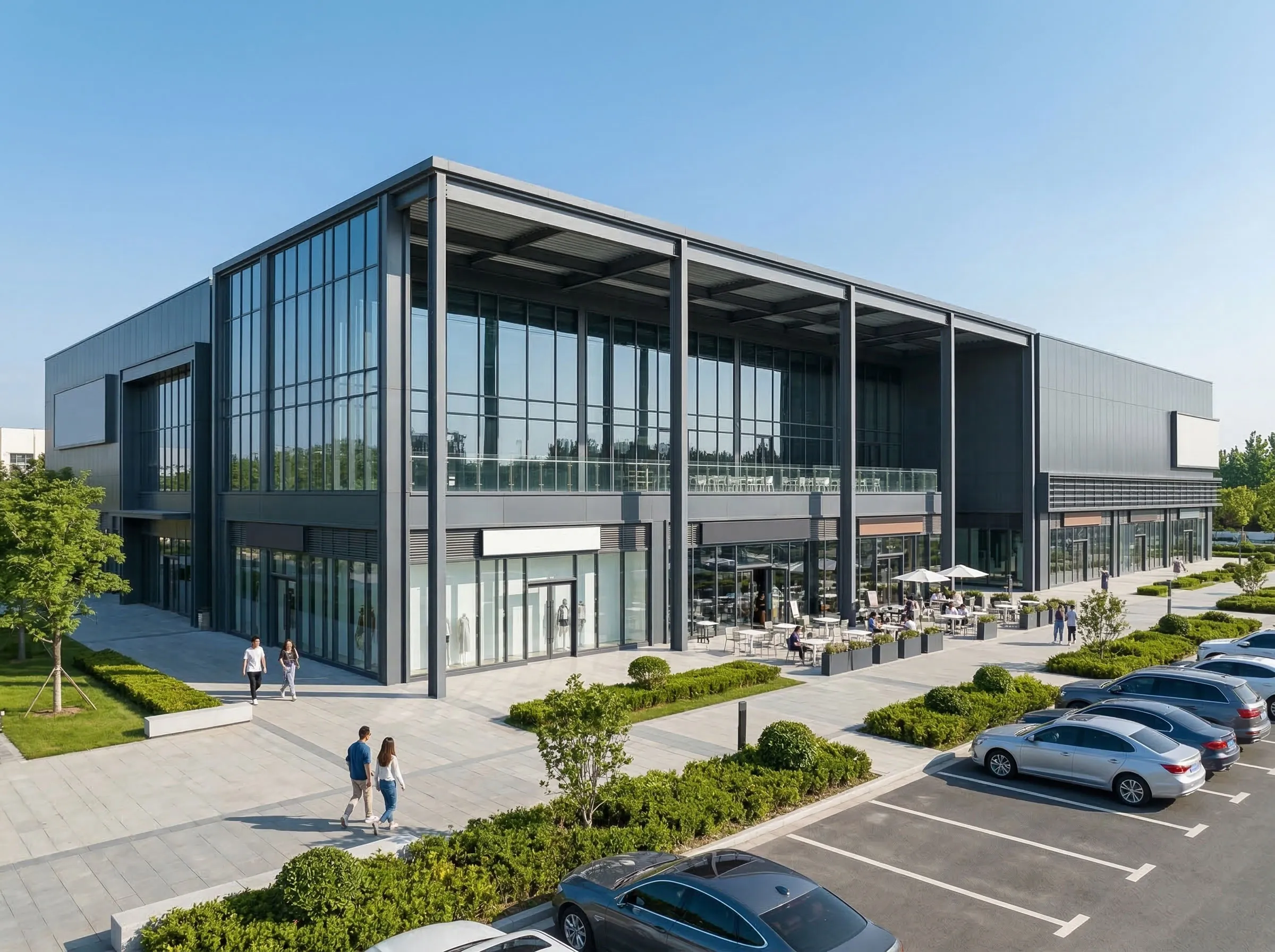 Shopping mall design with steel frame, glass facade, retail frontage, outdoor seating, and parking