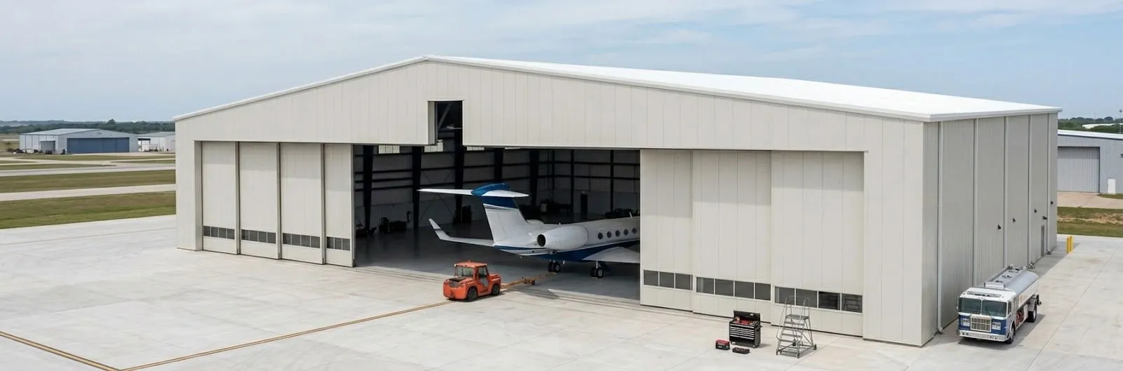 Business jet inside a completed aircraft hangar with large sliding doors and service vehicles in Moldova