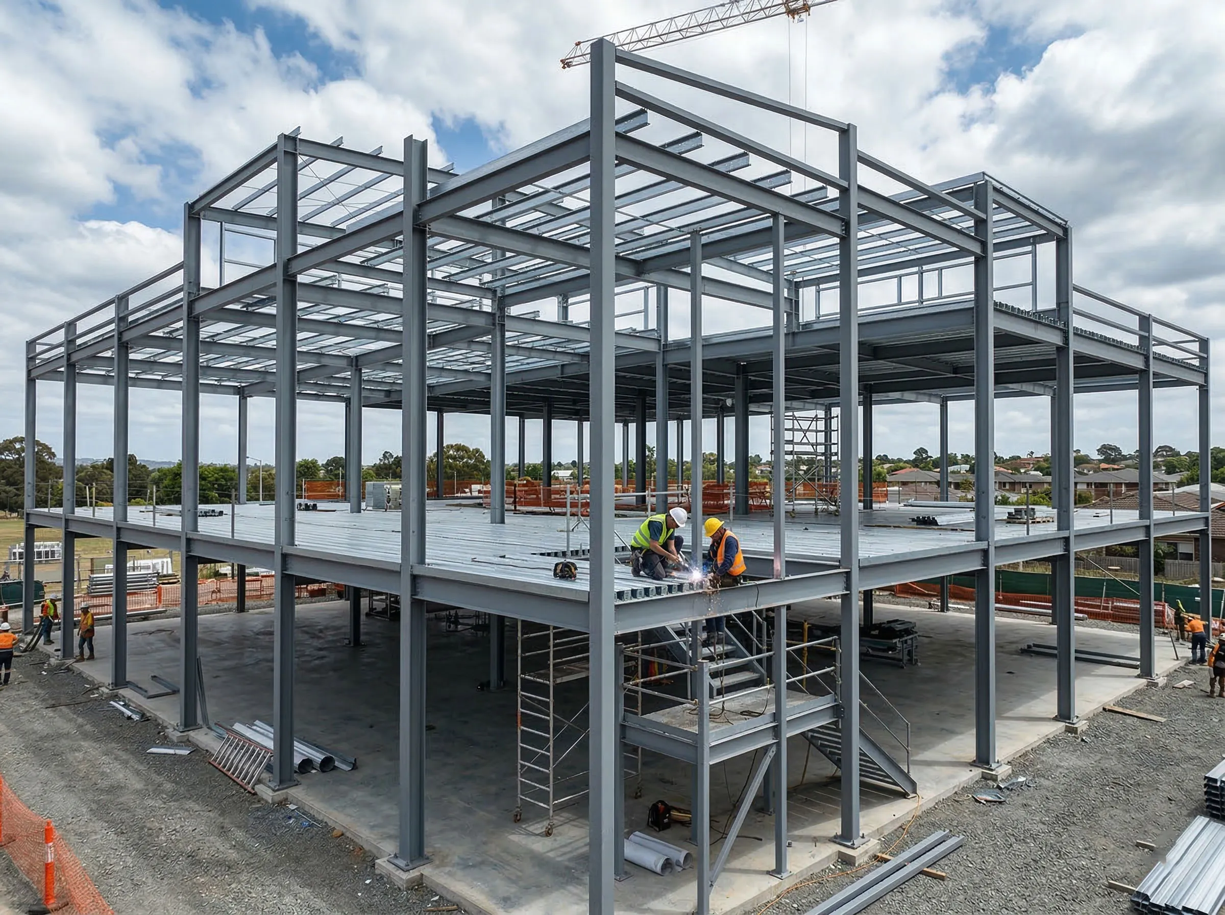 Shopping mall construction with multi-level steel frame, floor deck, and workers welding beams