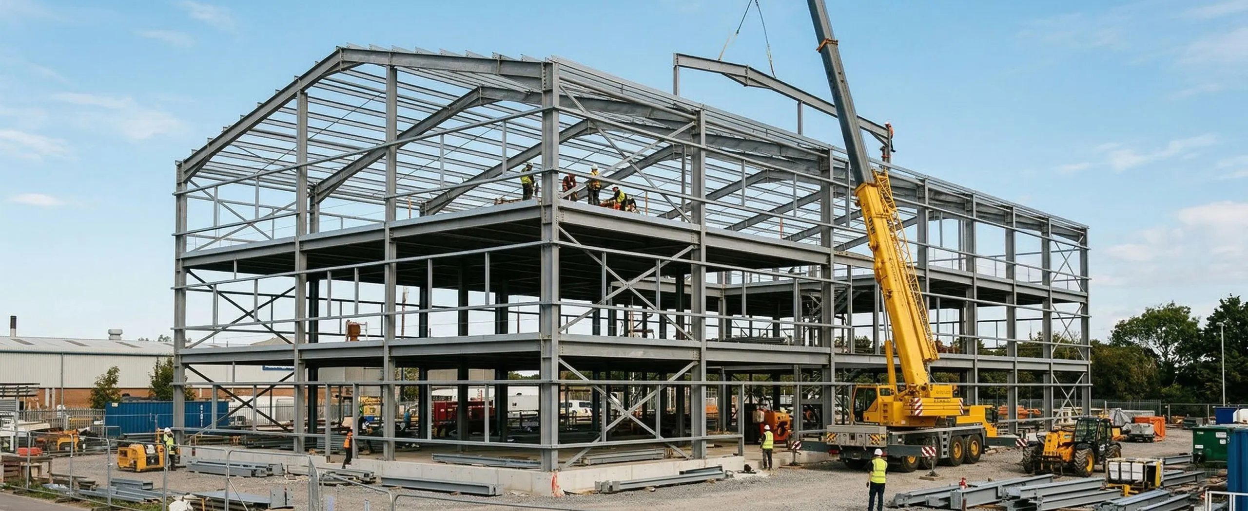 Multi-storey steel building frame under erection with steel columns, beams, bracing and a mobile crane on the construction site.