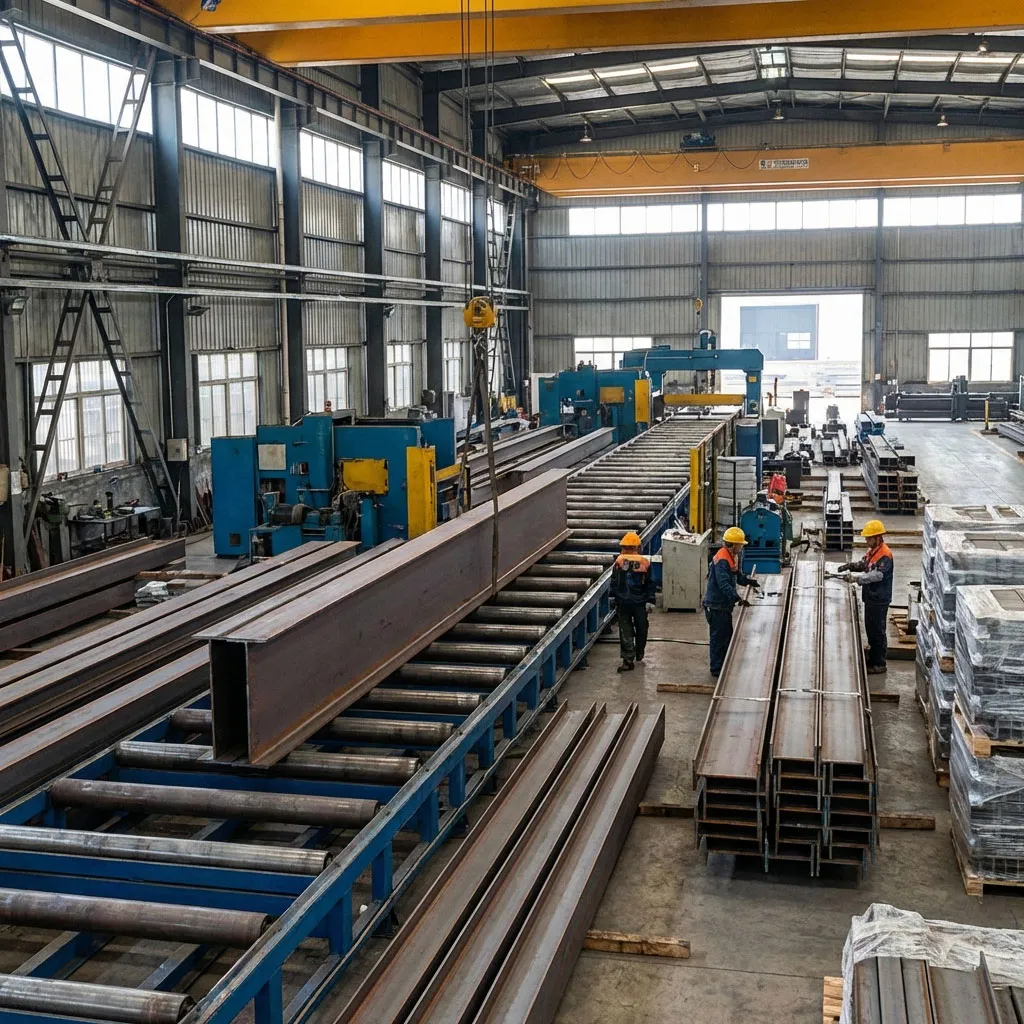 Steel beams are staged on roller conveyors for handling and shipment in multi-storey building production.