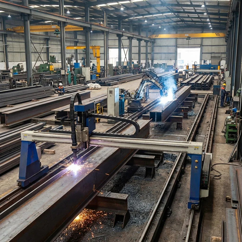CNC cutting and automated welding produce steel beams for multi-storey building fabrication.