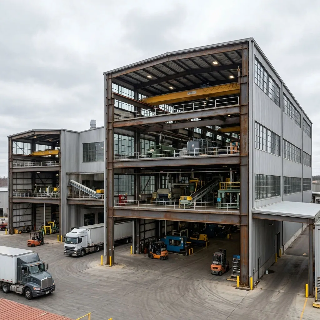 Multi-storey steel structure building with production machinery, overhead cranes, trucks and forklifts.