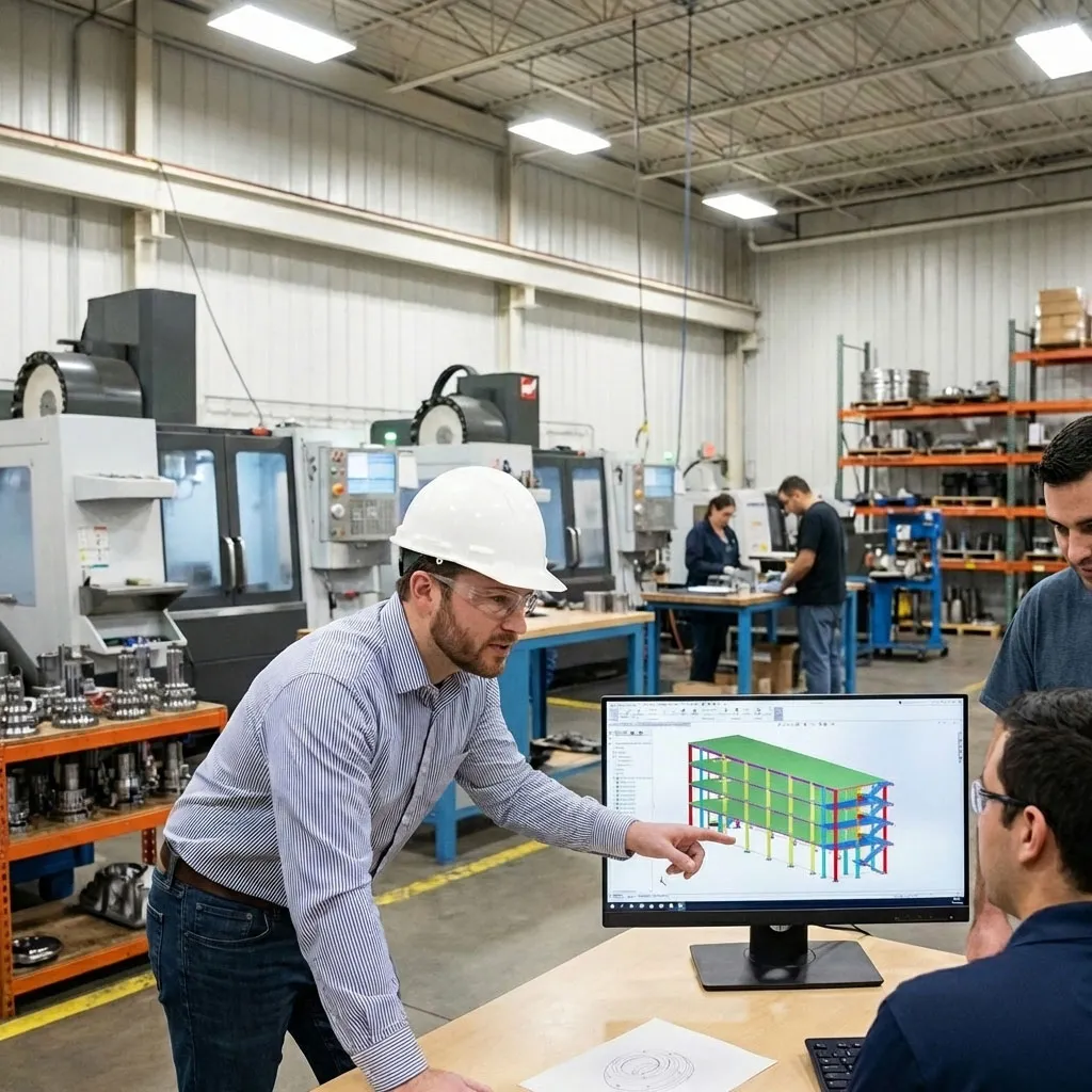 Engineering staff review a multi-storey steel frame model in the factory engineering department.