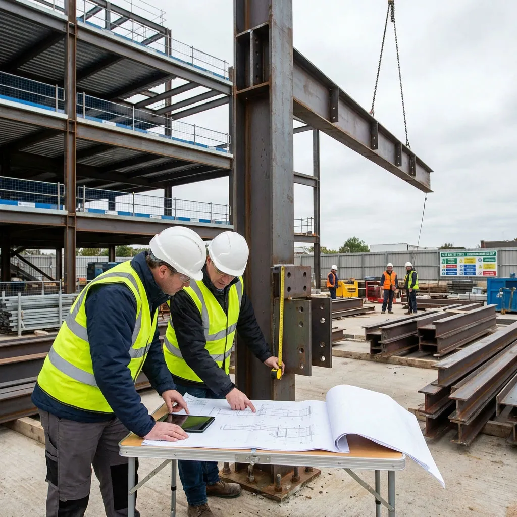 Site personnel review structural drawings beside a bolted steel column connection while a beam is lifted for multi-storey frame installation.