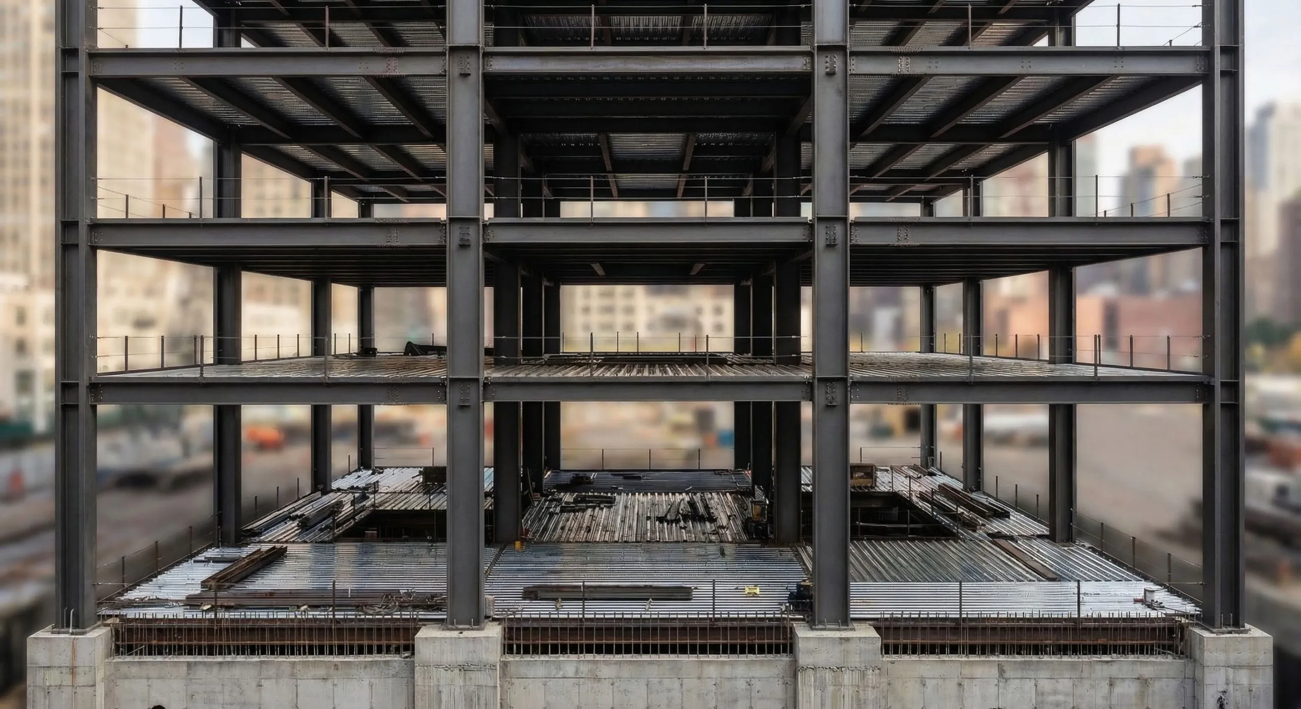 Multi-storey steel frame building with exposed columns, beams and profiled steel decking installed across multiple floor levels.