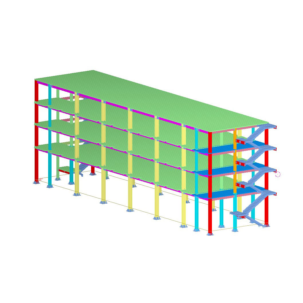 3D steel structure building design showing a multi-storey frame, floor slabs, columns, beams, foundations, and external stairs.