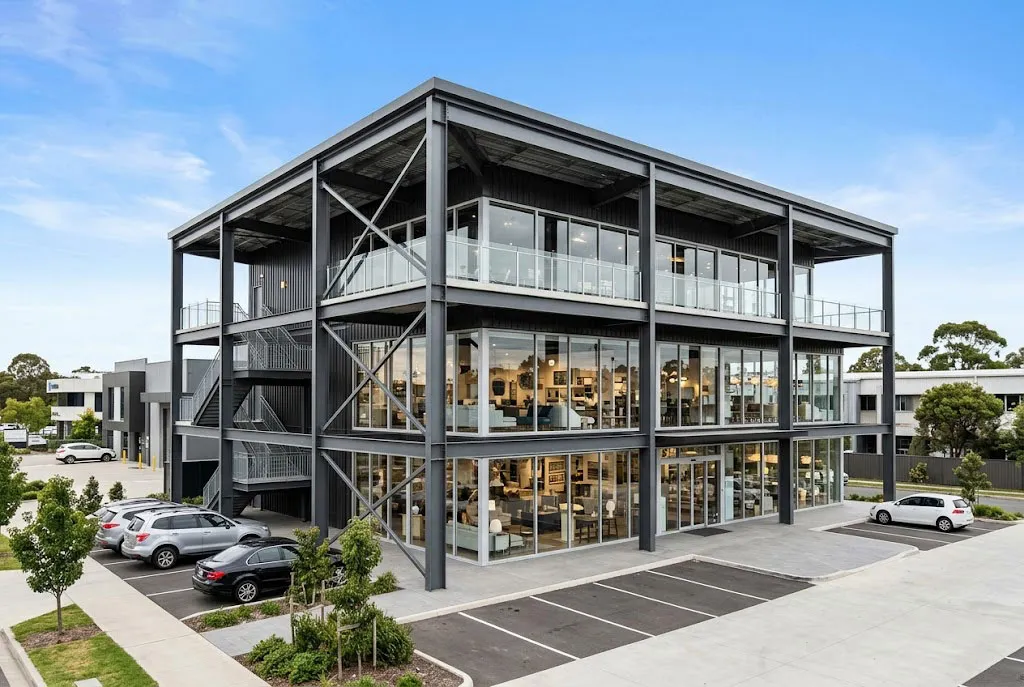 Multi story steel showroom building with glass facade, multiple display floors and customized commercial exhibition space