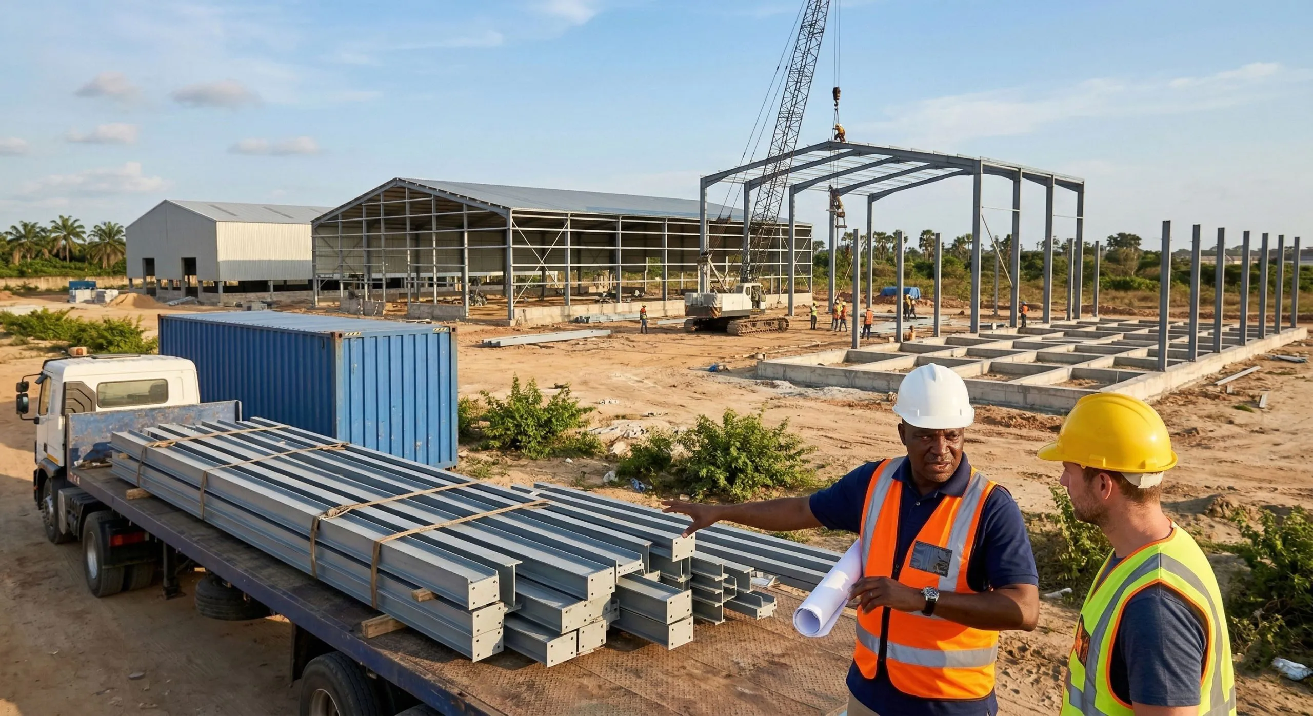 Engineers review delivered steel beams beside multiple frames under construction at a phased industrial park in Nigeria.
