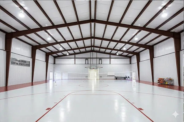 North America steel structure gym building project with indoor sports court, metal roof panels, steel frame beams, and wide-span space for athletic facilities.