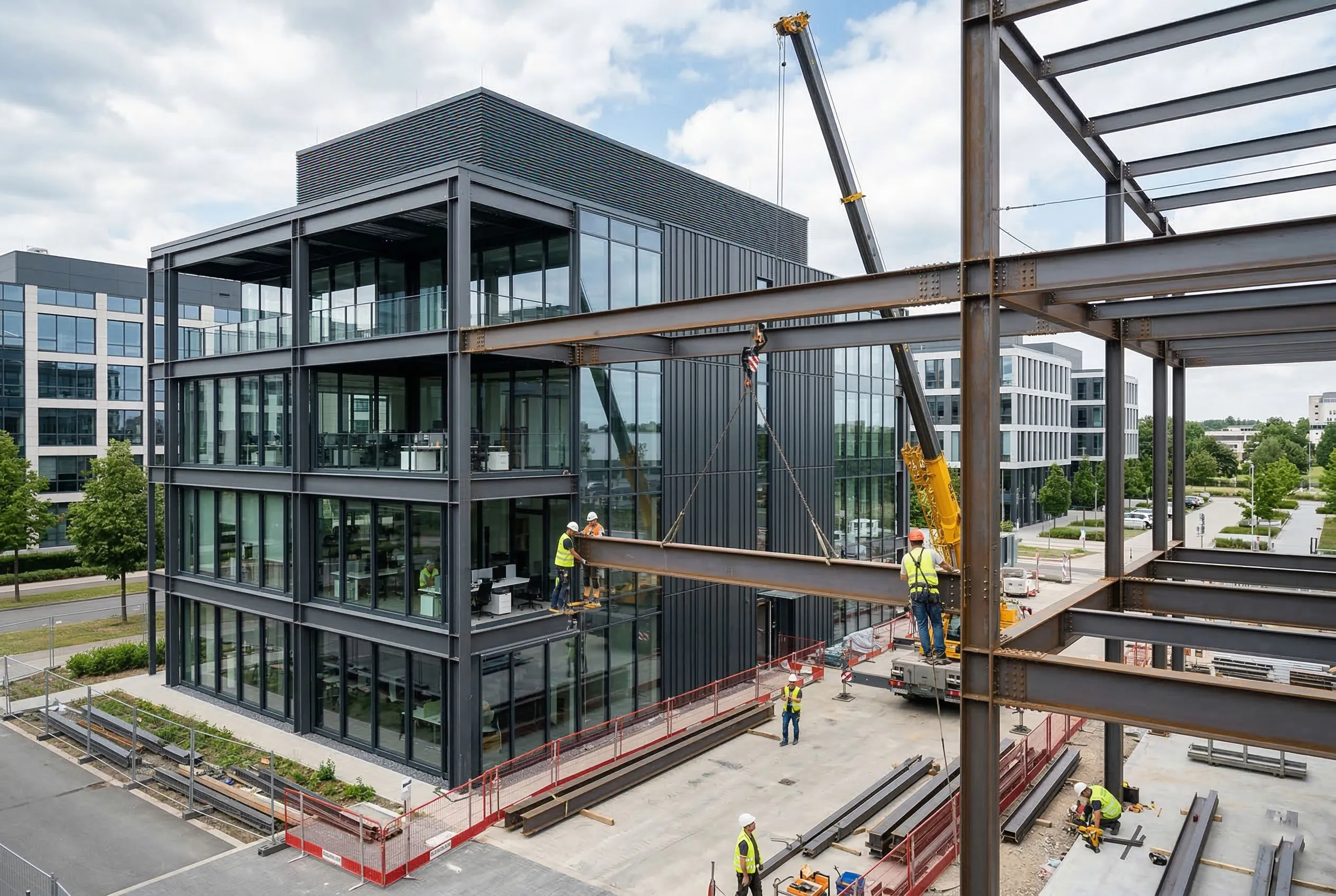 Office building construction site showing crane lifting steel beams beside a modern glass office building, with workers assembling the steel frame for future office expansion.