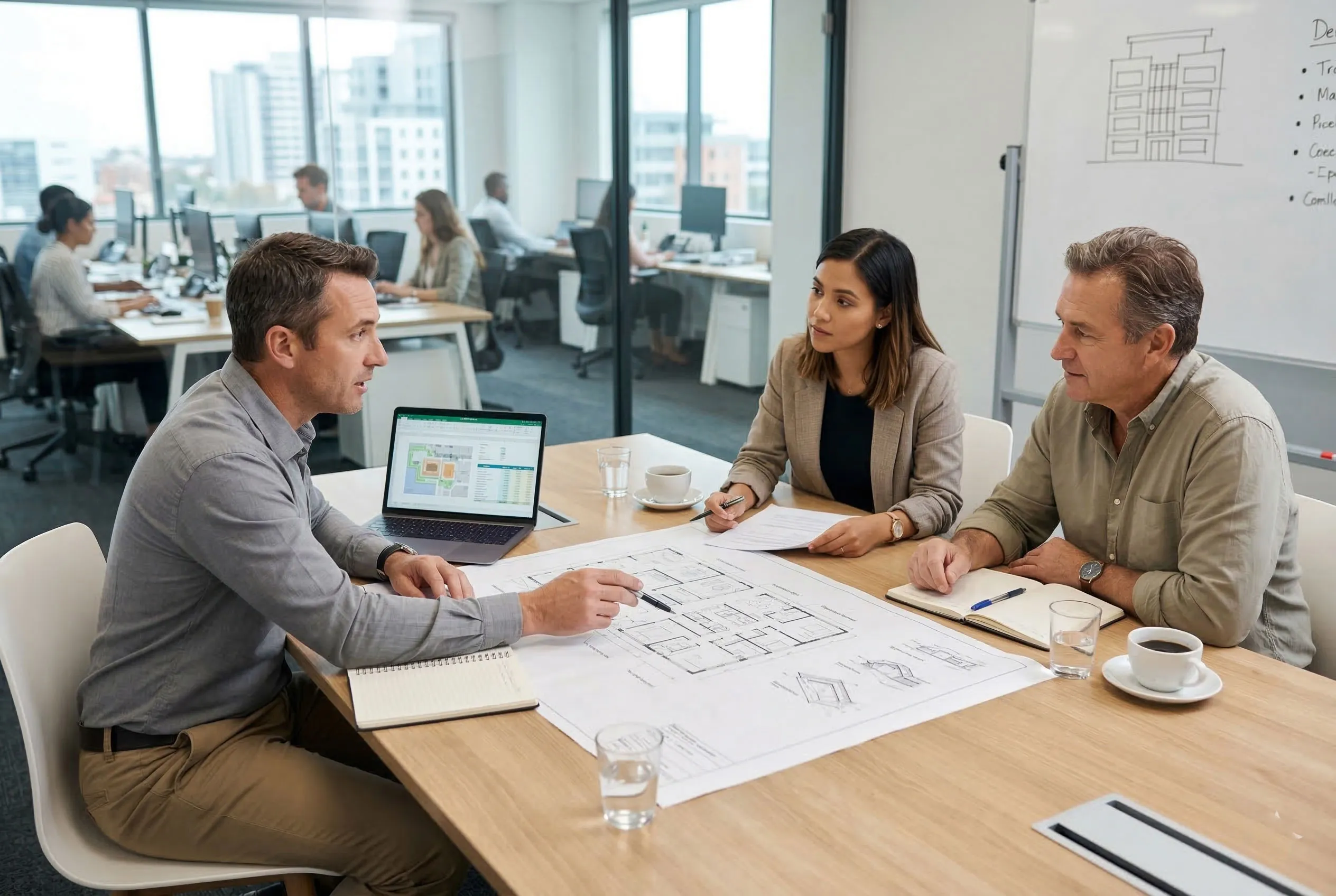 Office building design consultation meeting with engineers and clients reviewing floor plans, workspace layout options and structural design ideas for a customized steel office project.