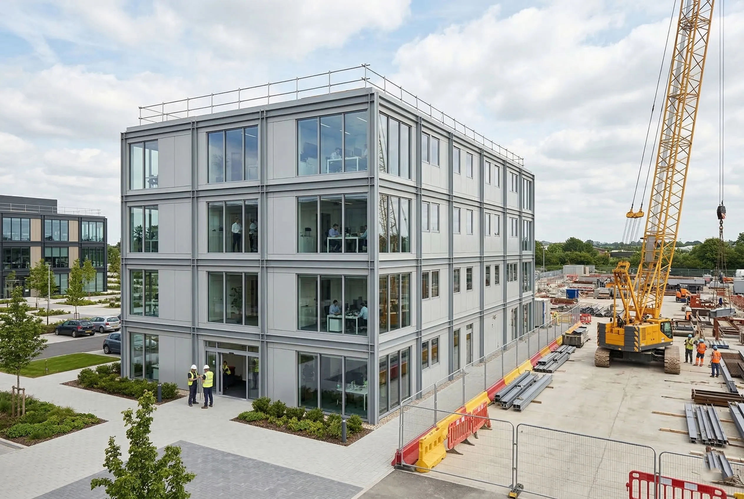 Office building expansion beside an occupied steel structure office, showing finished workspaces, glass facade, crane operation and adjacent construction area for phased business growth.