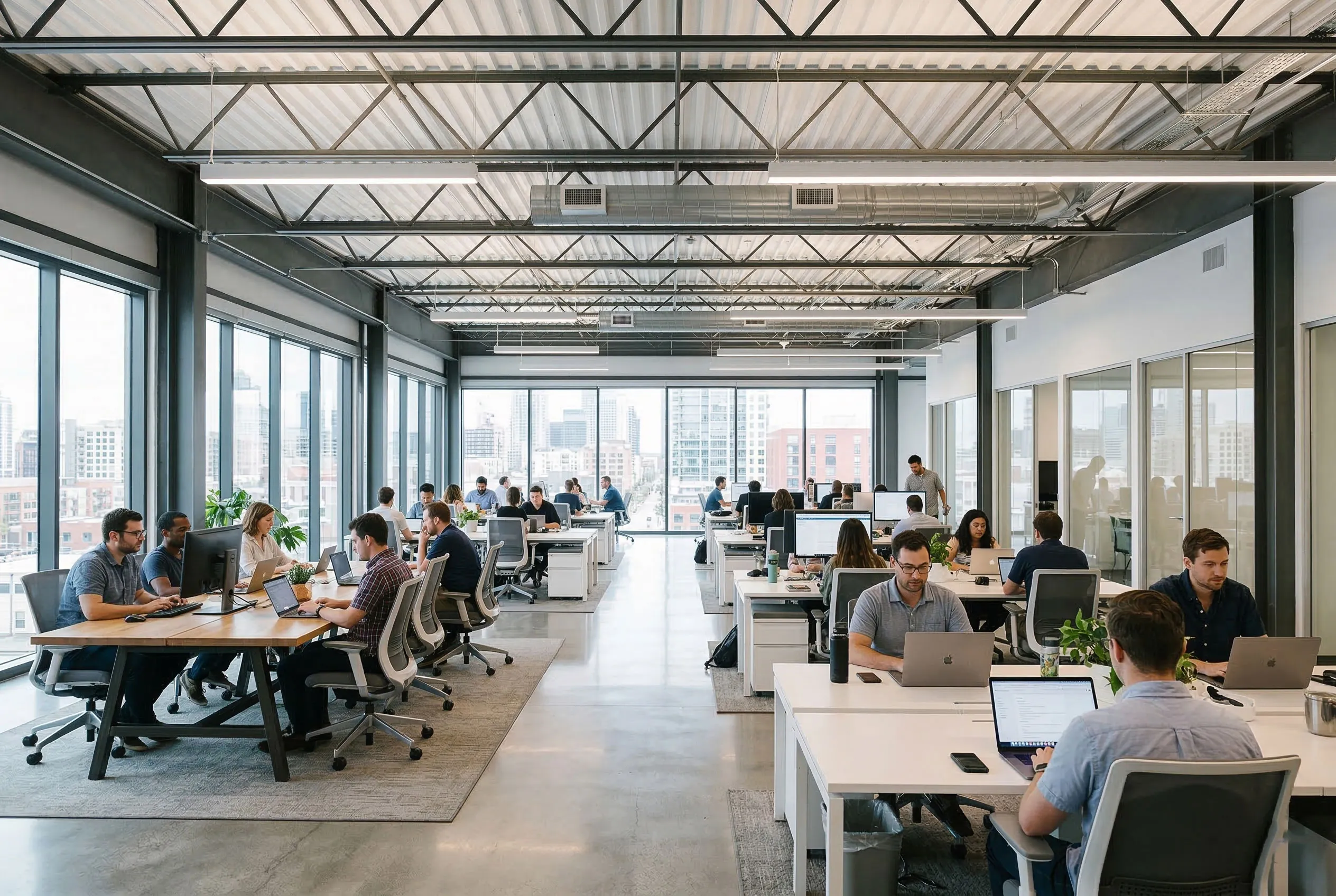 Office building interior with open workstations, exposed steel roof structure, large glass windows, HVAC ducts and flexible workspace layout for modern corporate teams.