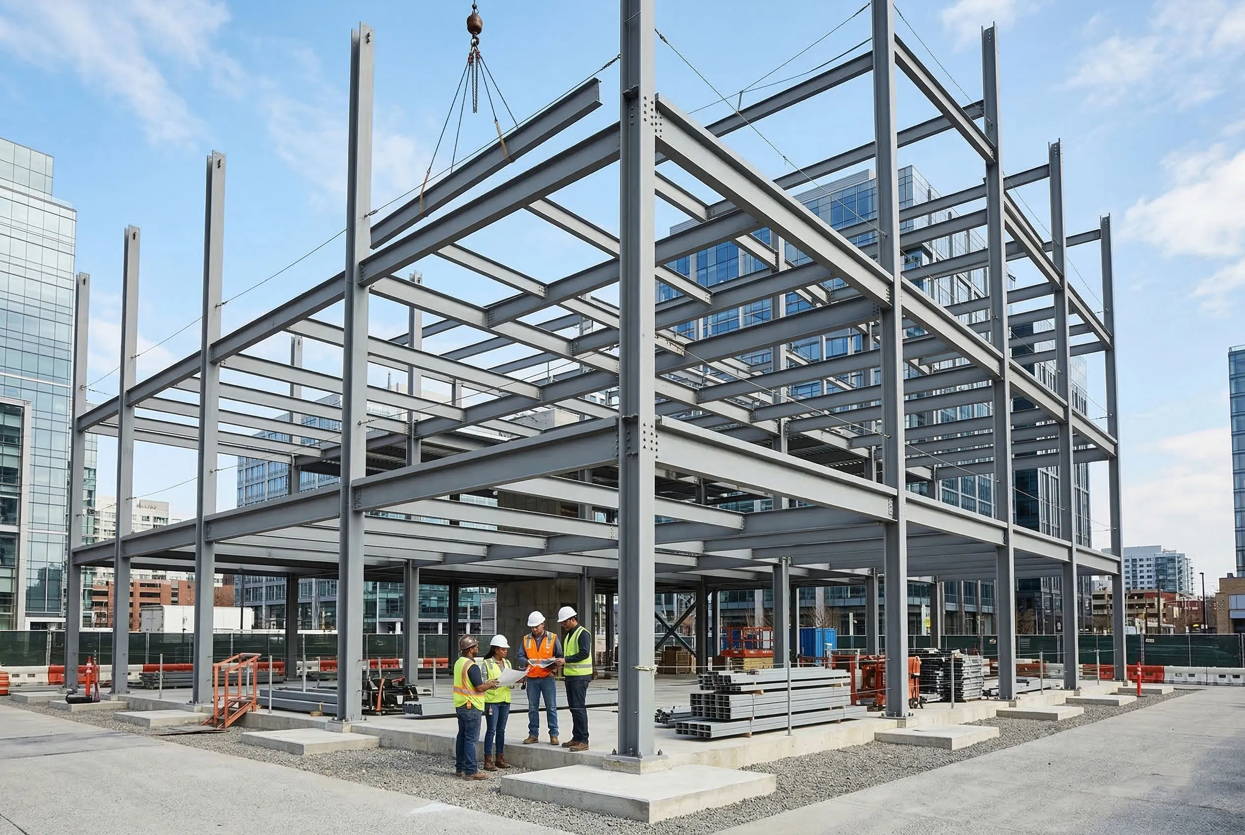 Office building steel structure erection process with installed columns and beams, crane hoisting work, and engineers reviewing drawings during frame construction.