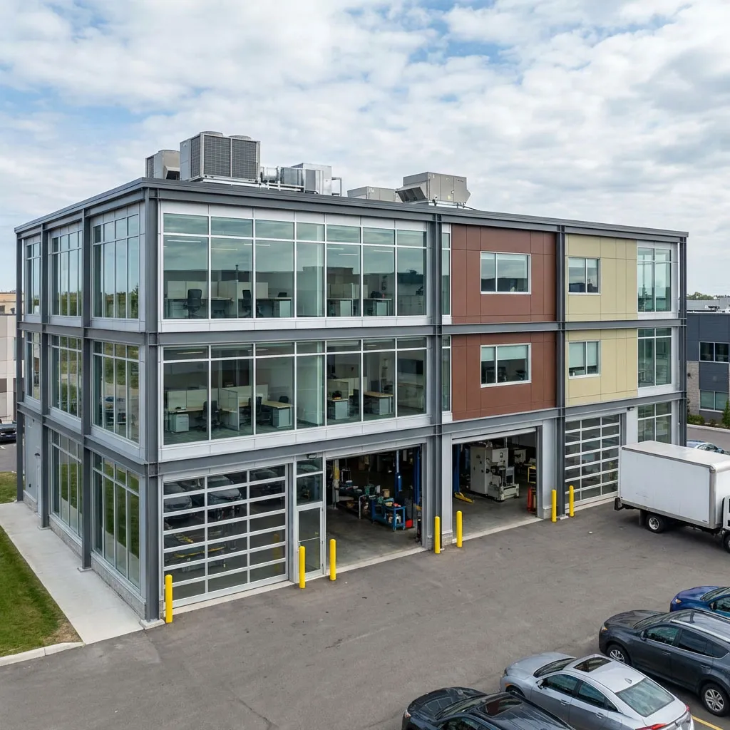 Multi-storey steel building with glazed office floors above production bays, machinery and vehicle access.