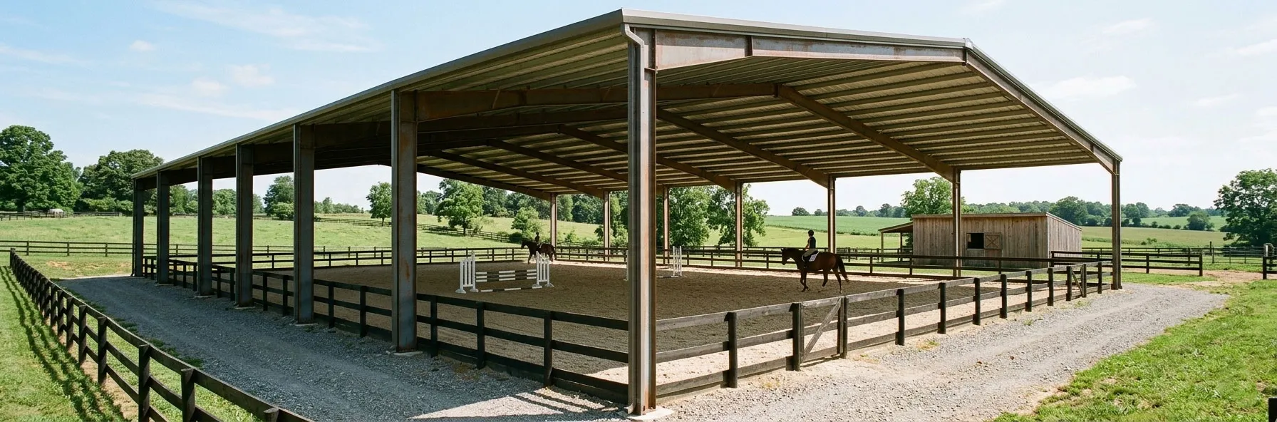 Riding arenas and horse barns with an open steel roof structure, fenced training area, and covered riding space for equestrian farm projects.