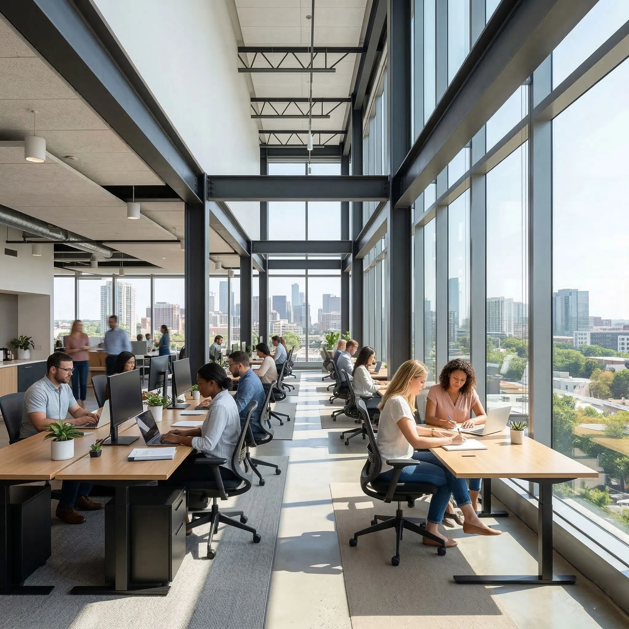 Open office layout inside a steel office building with floor-to-ceiling glass windows, exposed steel beams, daylight workspace and workstations for modern business teams.