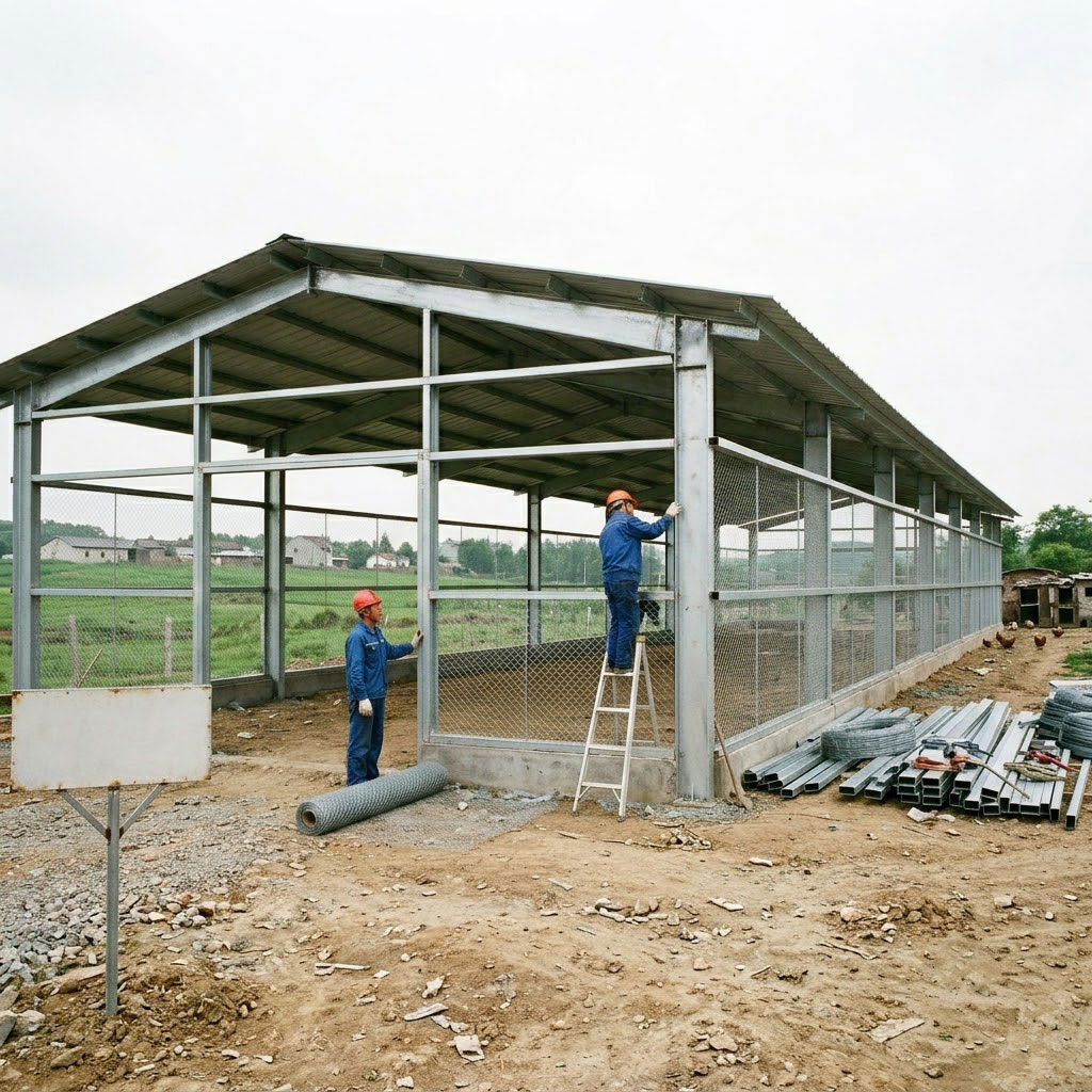 Workers installing wire mesh sidewalls on an open chicken house with a steel frame and metal roof.