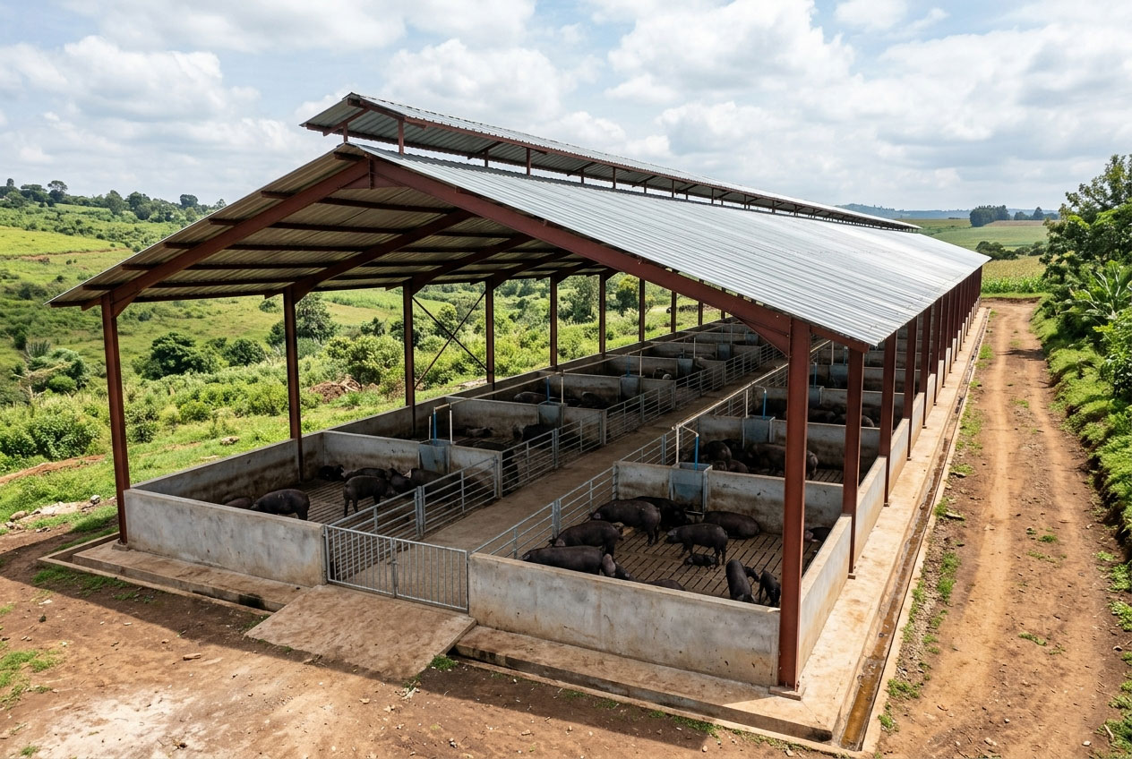 Aerial exterior view of an open-sided pig shed design with steel frame columns, metal roof, ridge ventilation, concrete pens, central aisle, and natural airflow for pig farm housing.