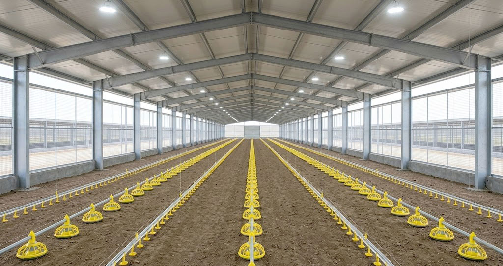 Interior of an open chicken house with steel framing, mesh sidewalls, feeding lines and drinking lines.
