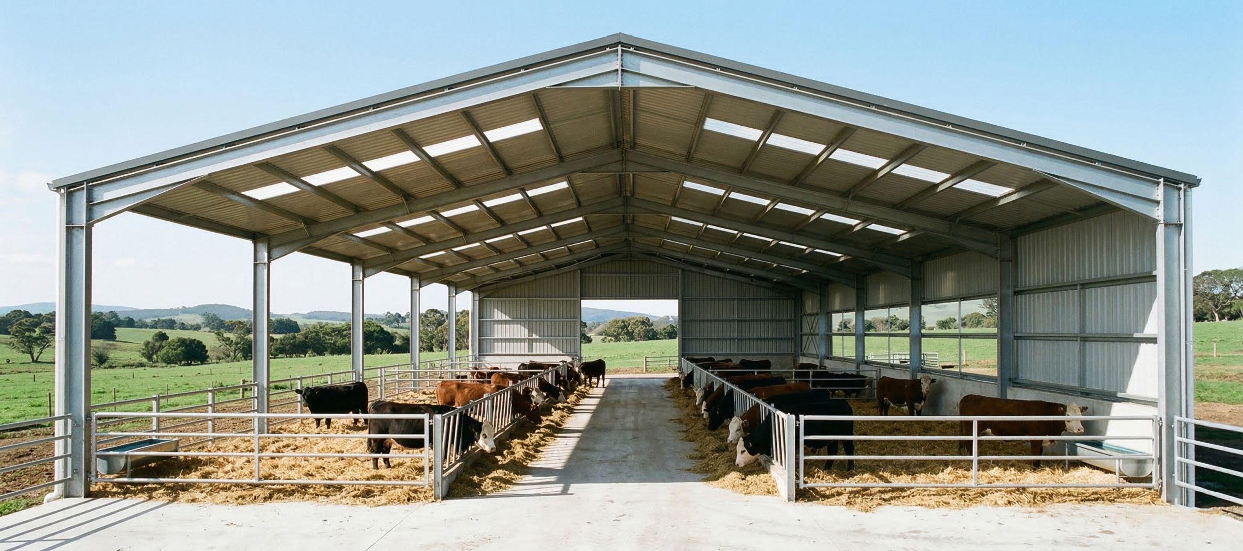 Cow shed design with open sidewalls, galvanized steel frame, roof skylights, center passage, cattle pens, and feeding areas for livestock farm operation.