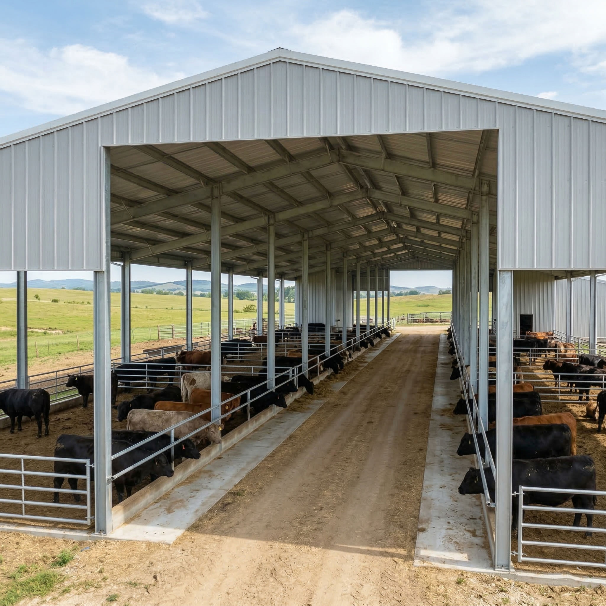 Open cow shed with steel frame, metal roof and wall panels, center feeding passage, cattle pens, and natural side ventilation for livestock farming.