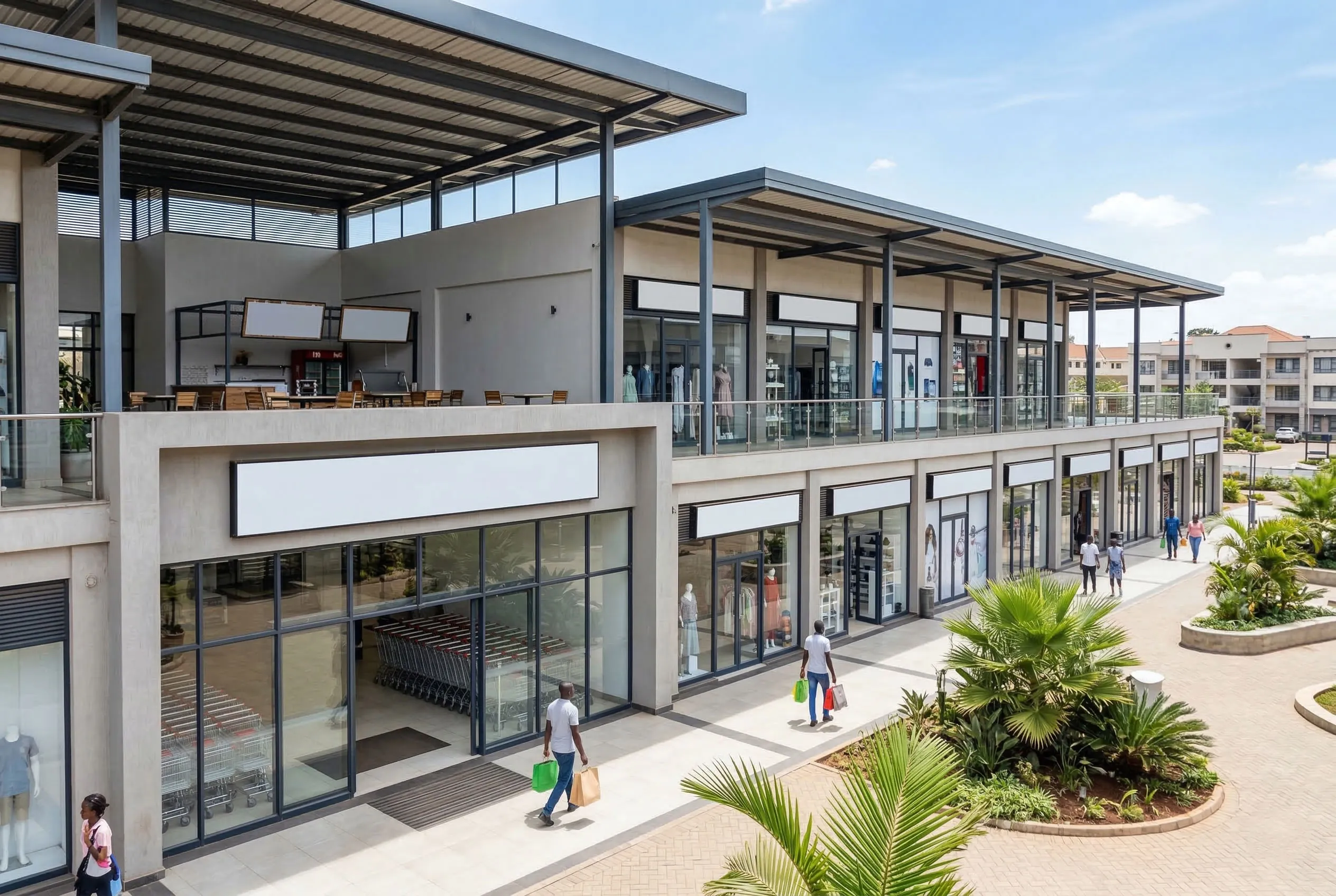 Shopping mall signage above retail storefronts with covered walkways, glass doors, and shopper access
