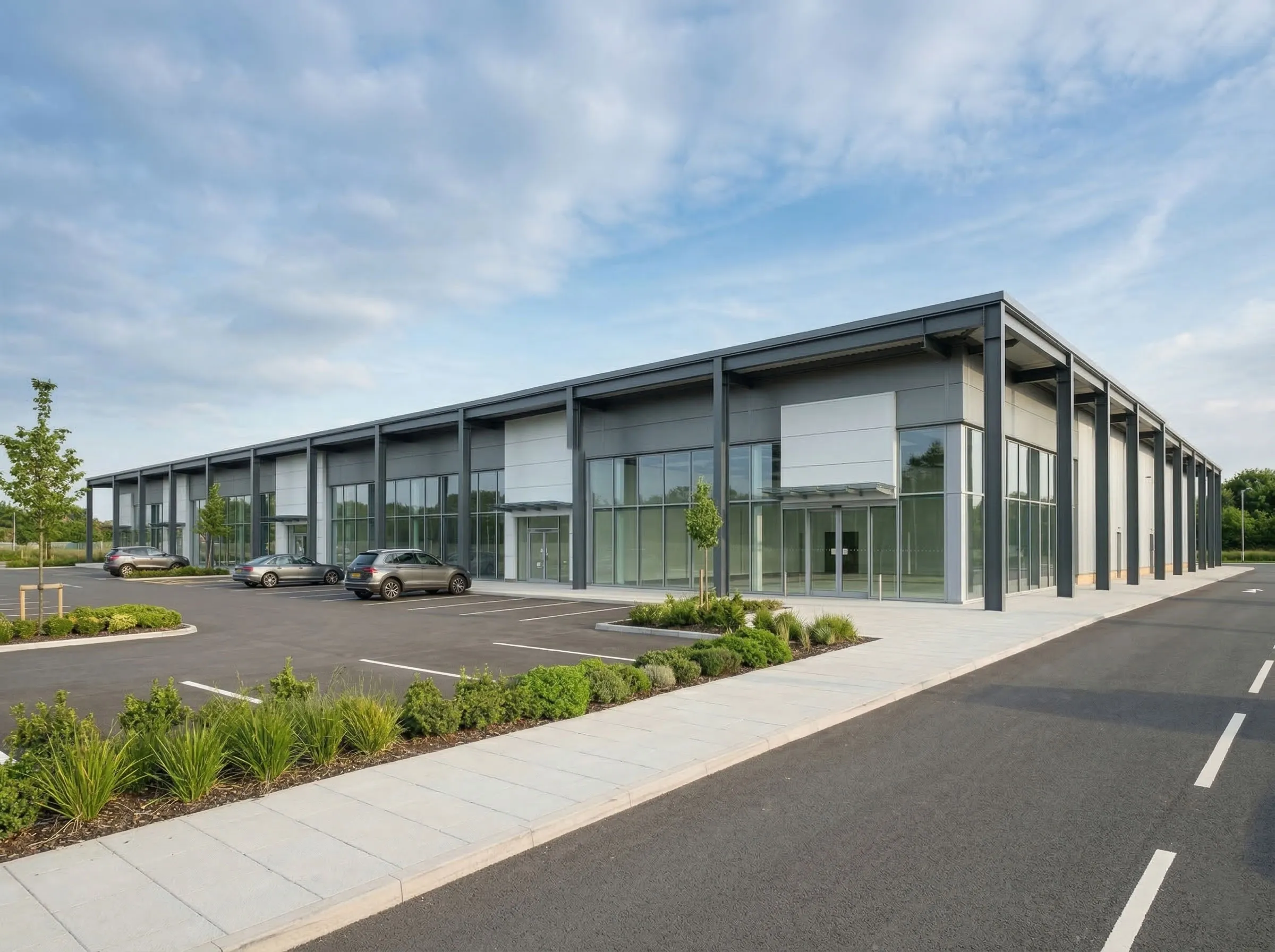 Outdoor shopping mall with steel frame, glass storefronts, and parking access for retail park projects