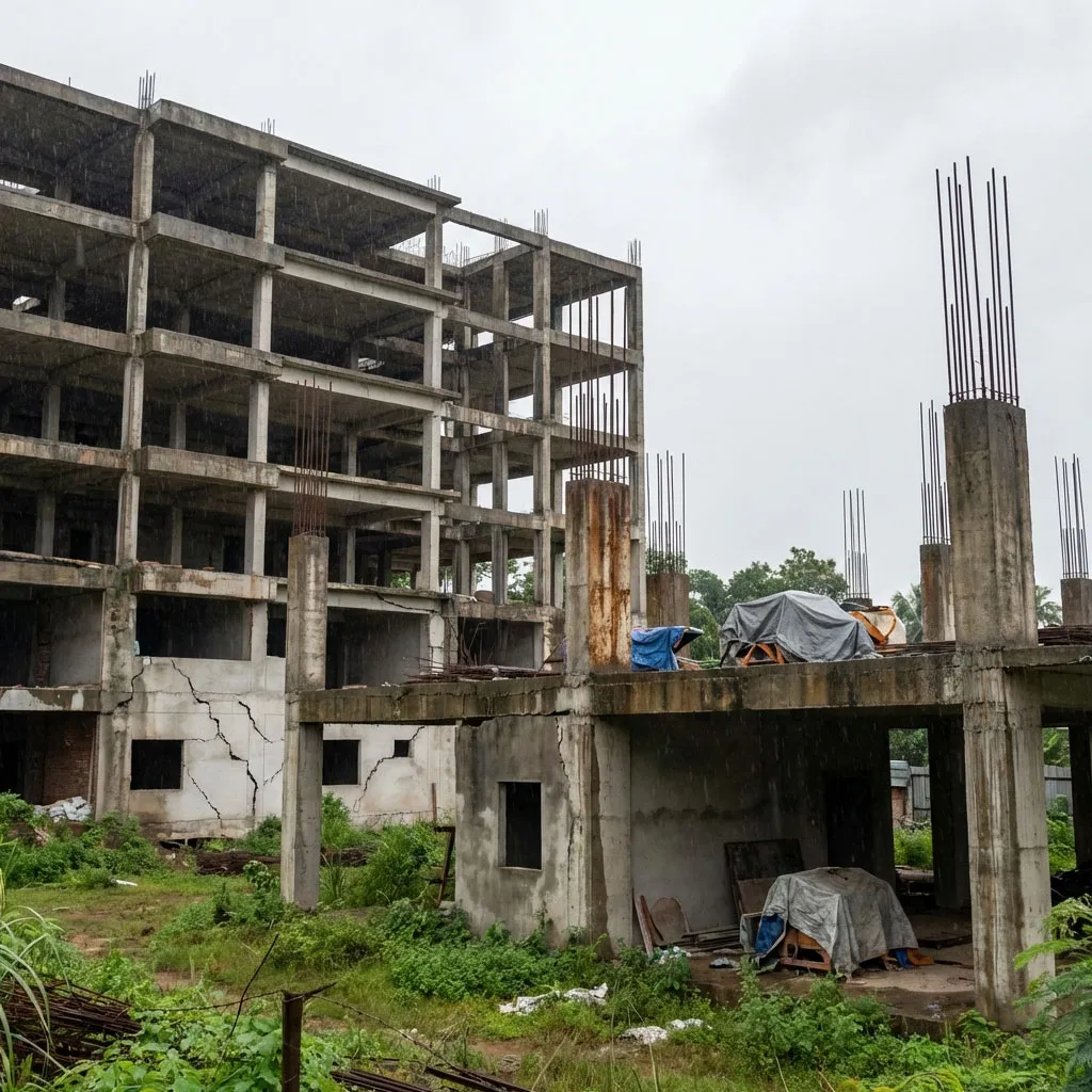 Weathered concrete frame with cracked walls, illustrating code and climate risks in overseas multi-storey projects.
