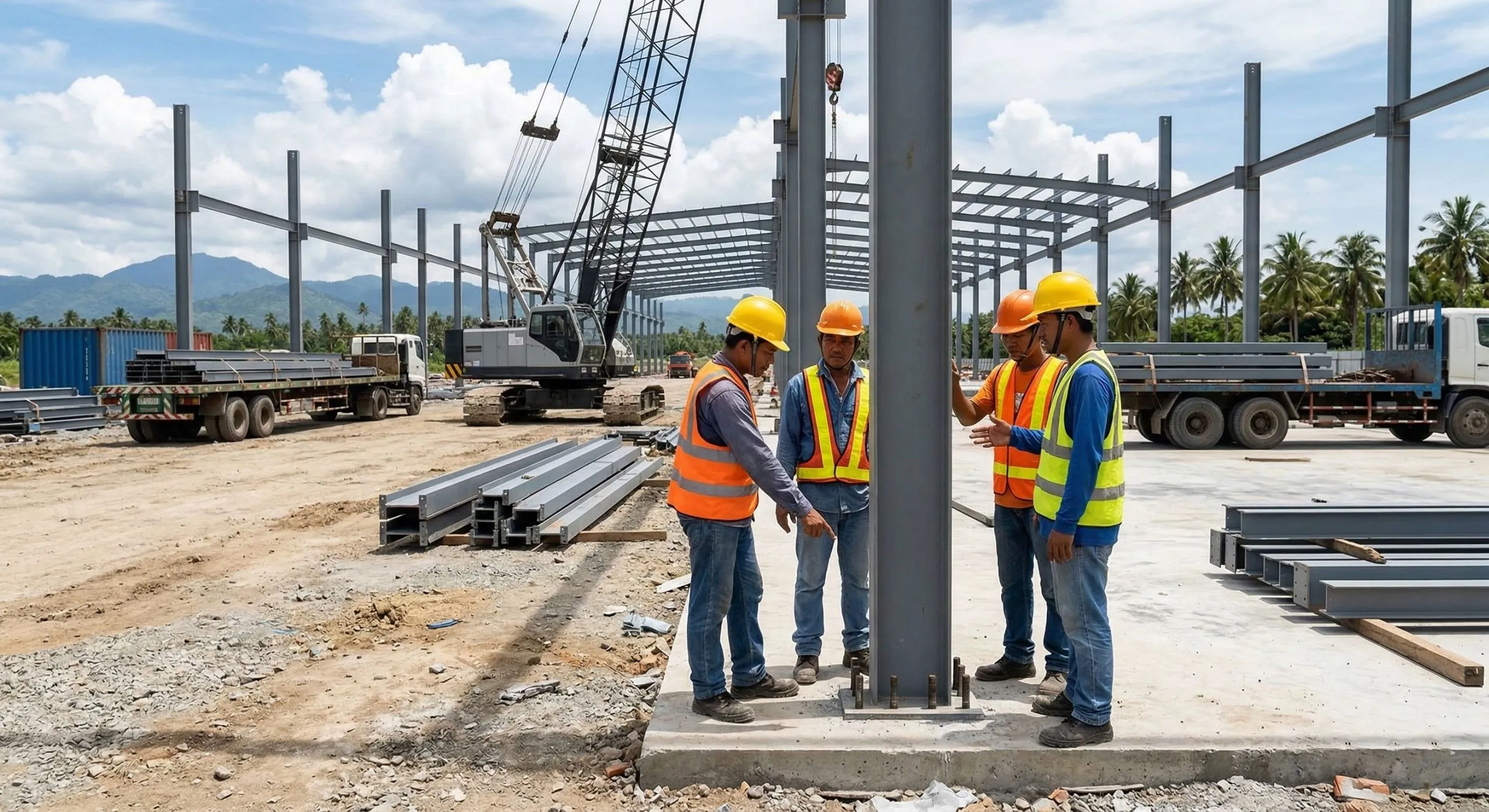 Workers inspect steel columns during frame erection with a crane and delivery trucks at an overseas project site.