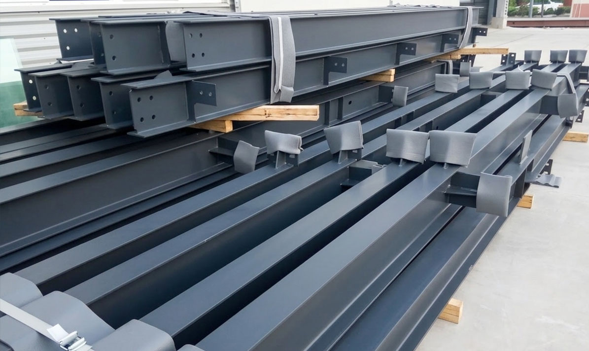 Painted H-section steel beams and columns with welded connection plates stacked for steel building assembly.