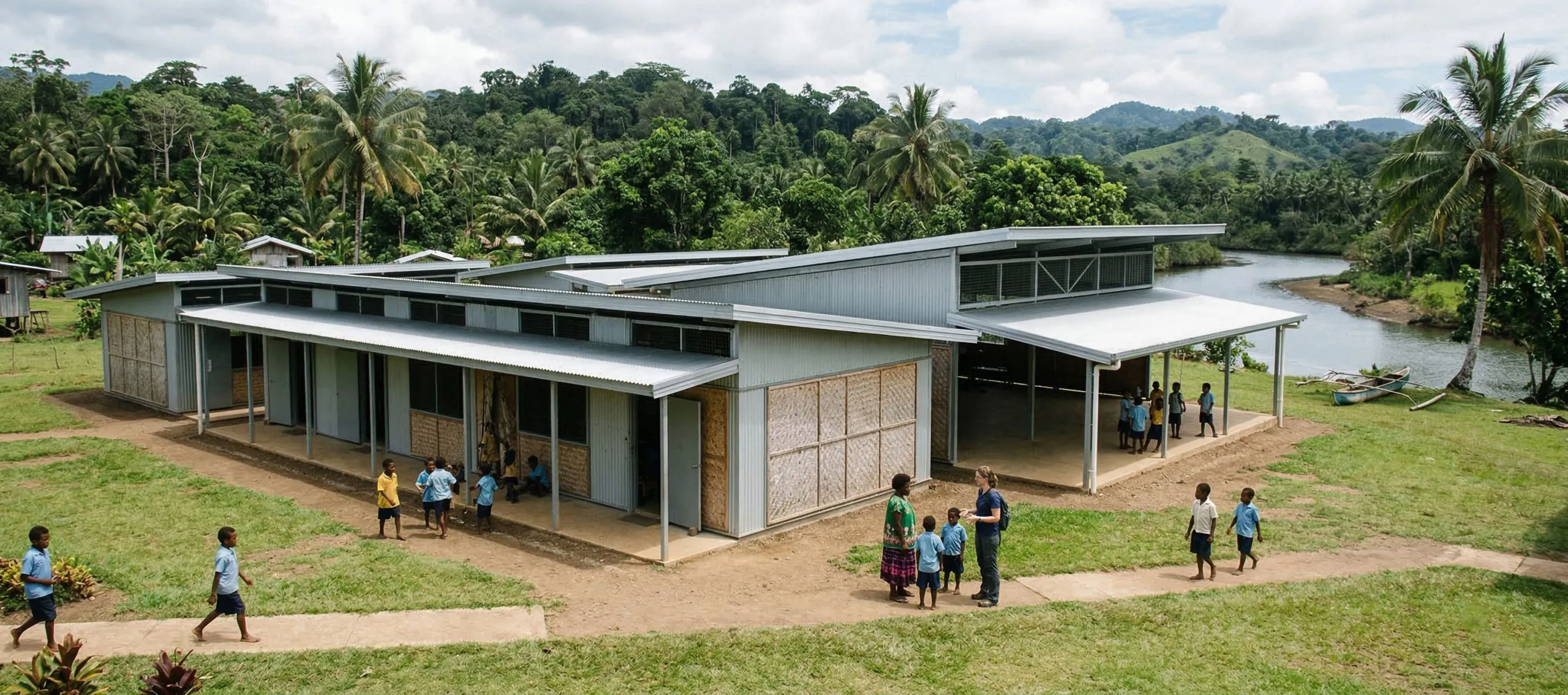Papua New Guinea modular school building for a remote village school with 6 classrooms, an assembly hall, lightweight steel structure, shaded walkways, metal roofs, and a tropical riverside campus.
