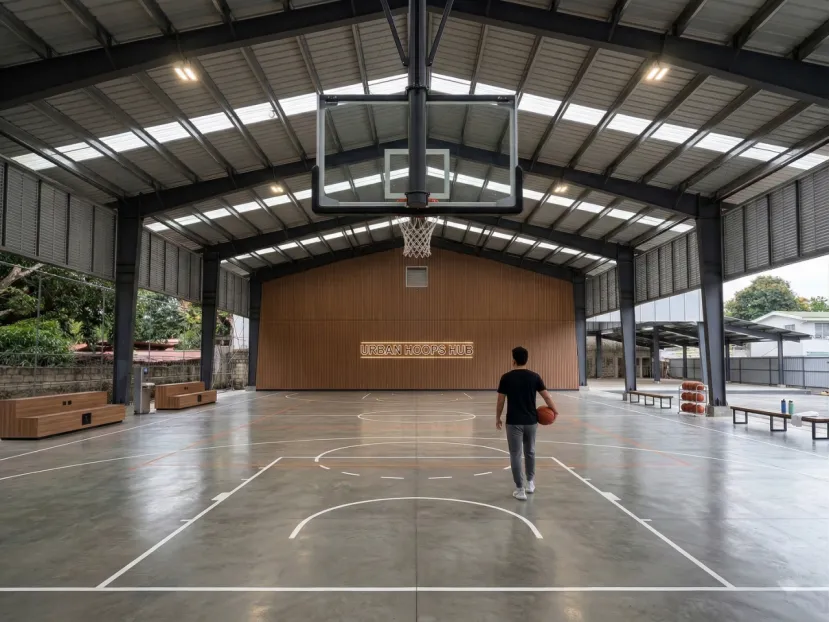 Covered steel basketball court in the Philippines with portal frames, open sides, roof daylighting and court markings.