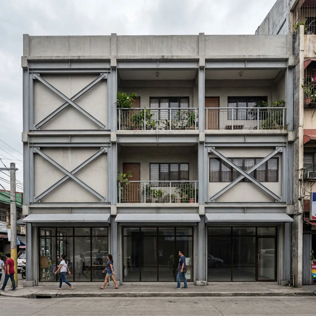 Philippines 3-floor multi-storey steel building with ground-floor shops, upper residences and exposed X-bracing.