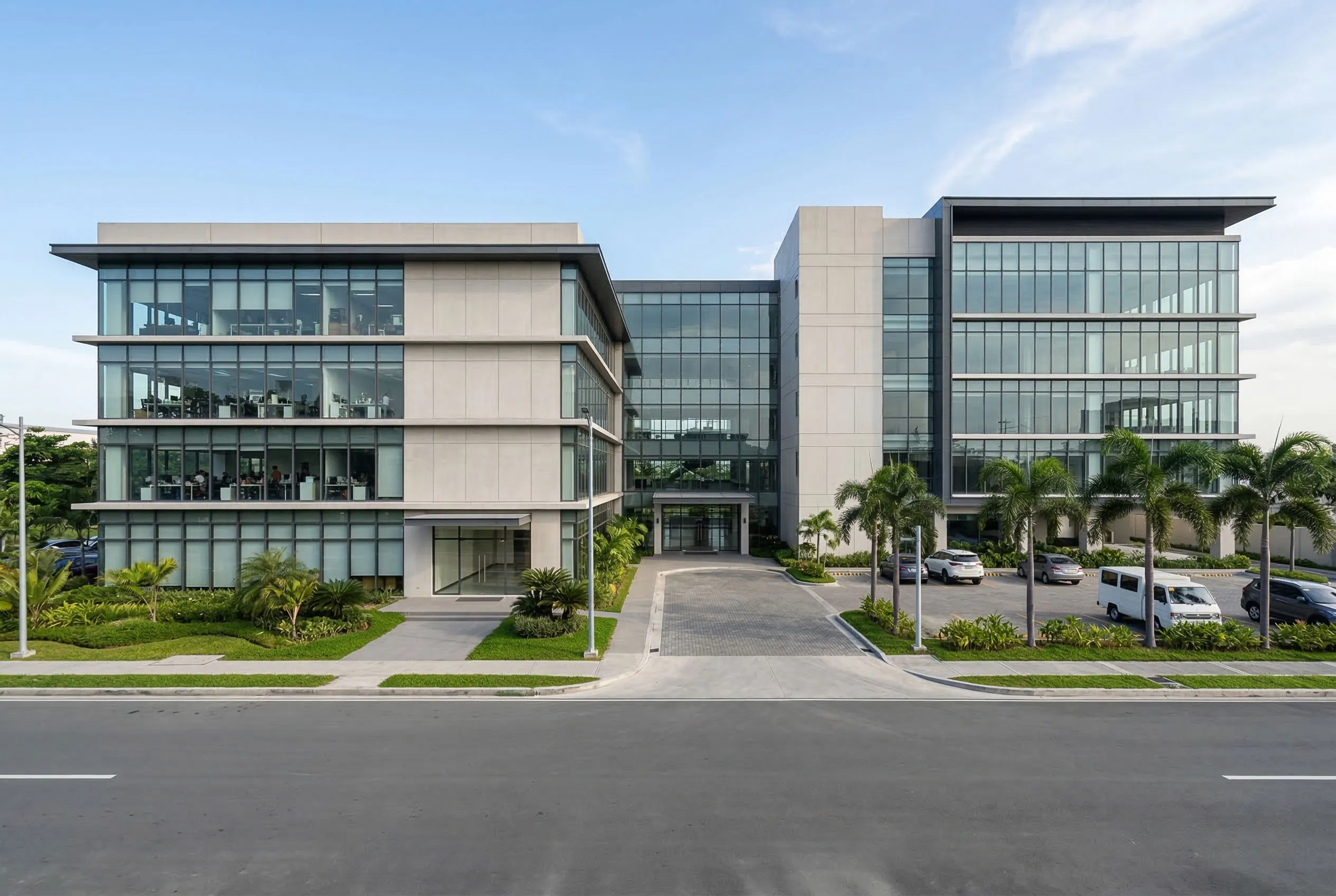Steel structure office building project in the Philippines for a logistics company headquarters, featuring connected office blocks, glass facade, central entrance and landscaped parking area.