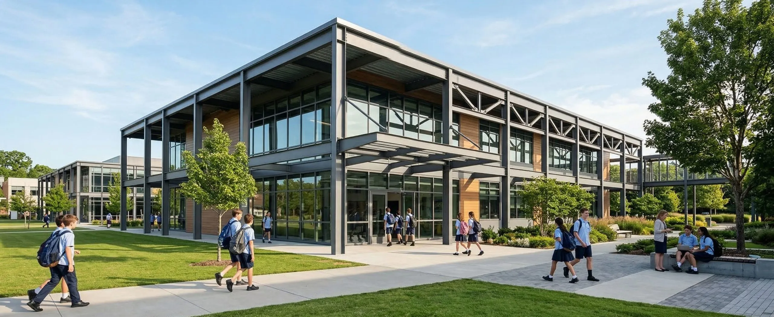 Philippines typhoon-resistant steel frame school building with 18 classrooms, two-story classroom blocks, exposed steel columns, large windows, campus walkways, and students outside the building.