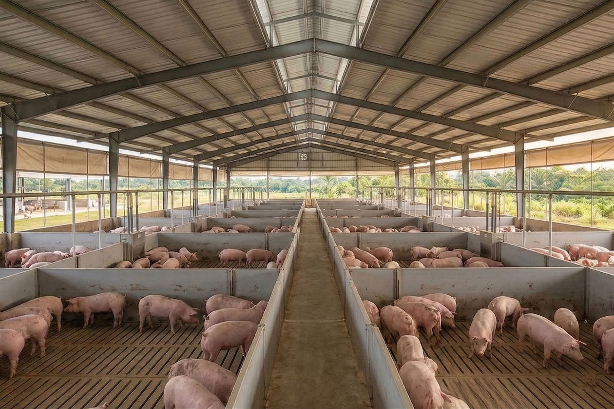 Open-sided pig farm shed design with steel frame roof, central aisle, grouped pig pens, slatted flooring, side curtain ventilation, and natural lighting for commercial swine housing.