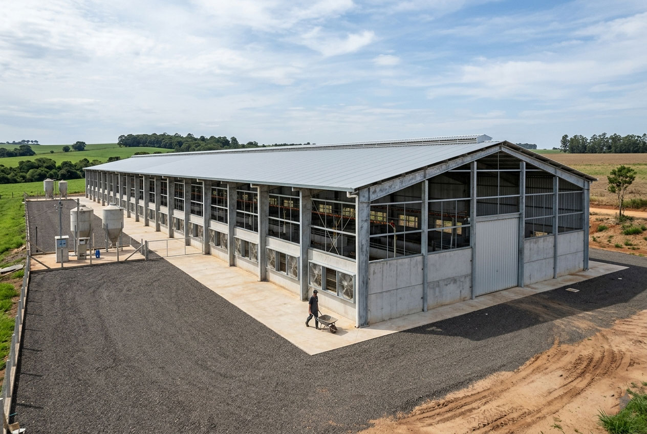 Exterior view of a pig farm shed with long-span steel roof, sidewall windows, wall panels, ridge ventilation, service yard, and feed storage equipment for commercial pig housing.