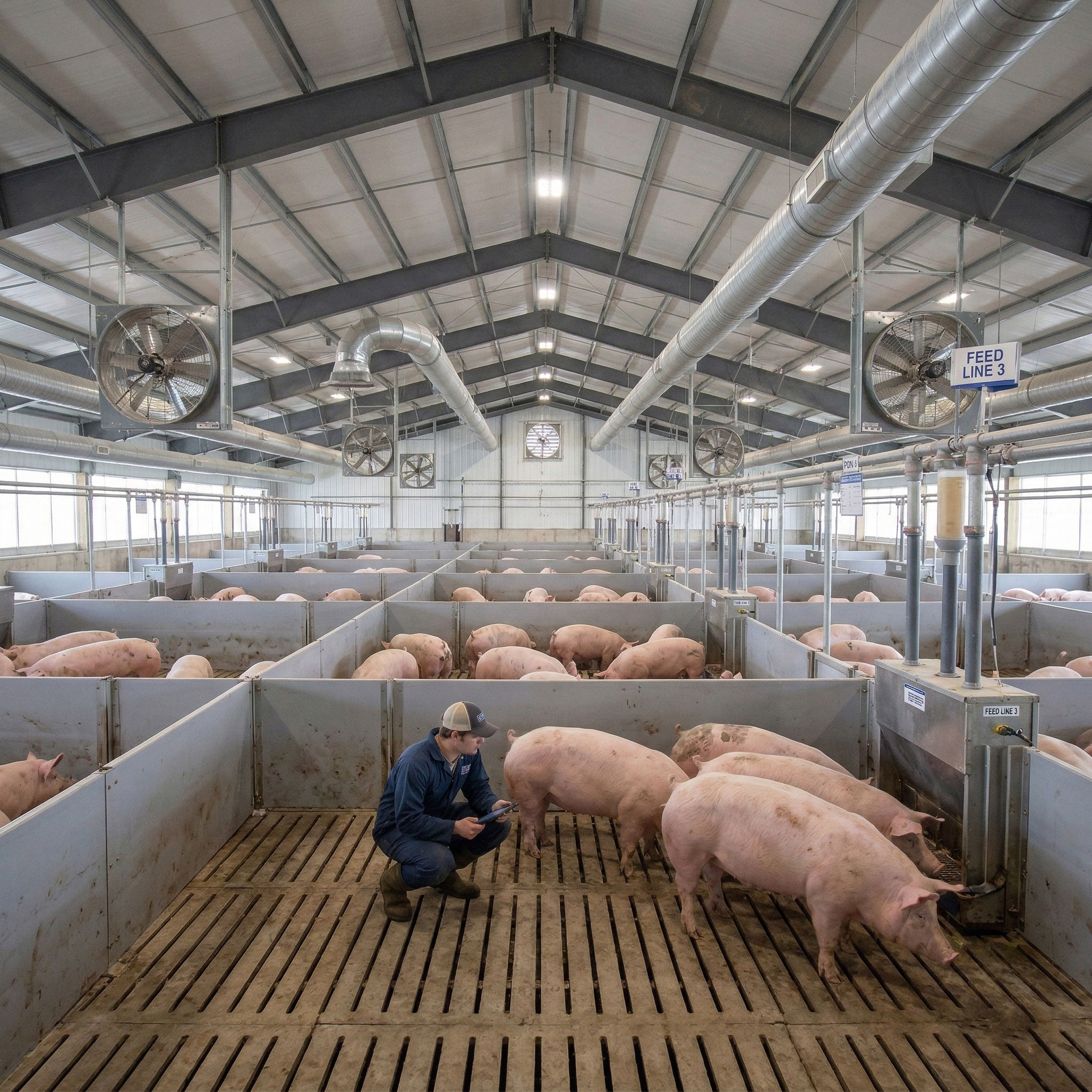 Finishing house interior in a pig farming shed with grouped pig pens, slatted flooring, feed lines, ventilation ducts, exhaust fans, steel roof framing, and staff inspection.