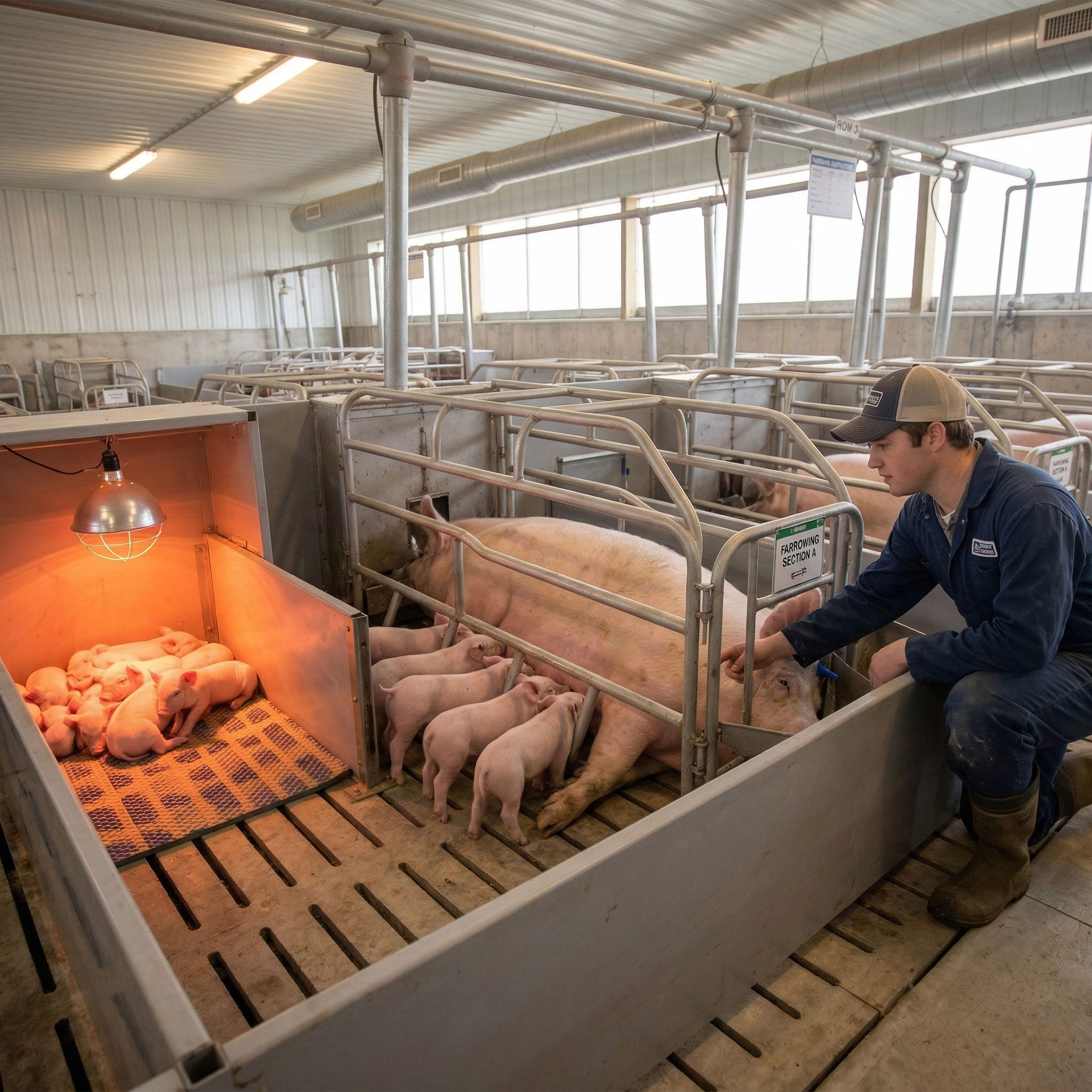 Interior of a pig farrowing shed with a sow crate, nursing piglets, heated creep area, slatted flooring, ventilation duct, and a worker checking the farrowing section.