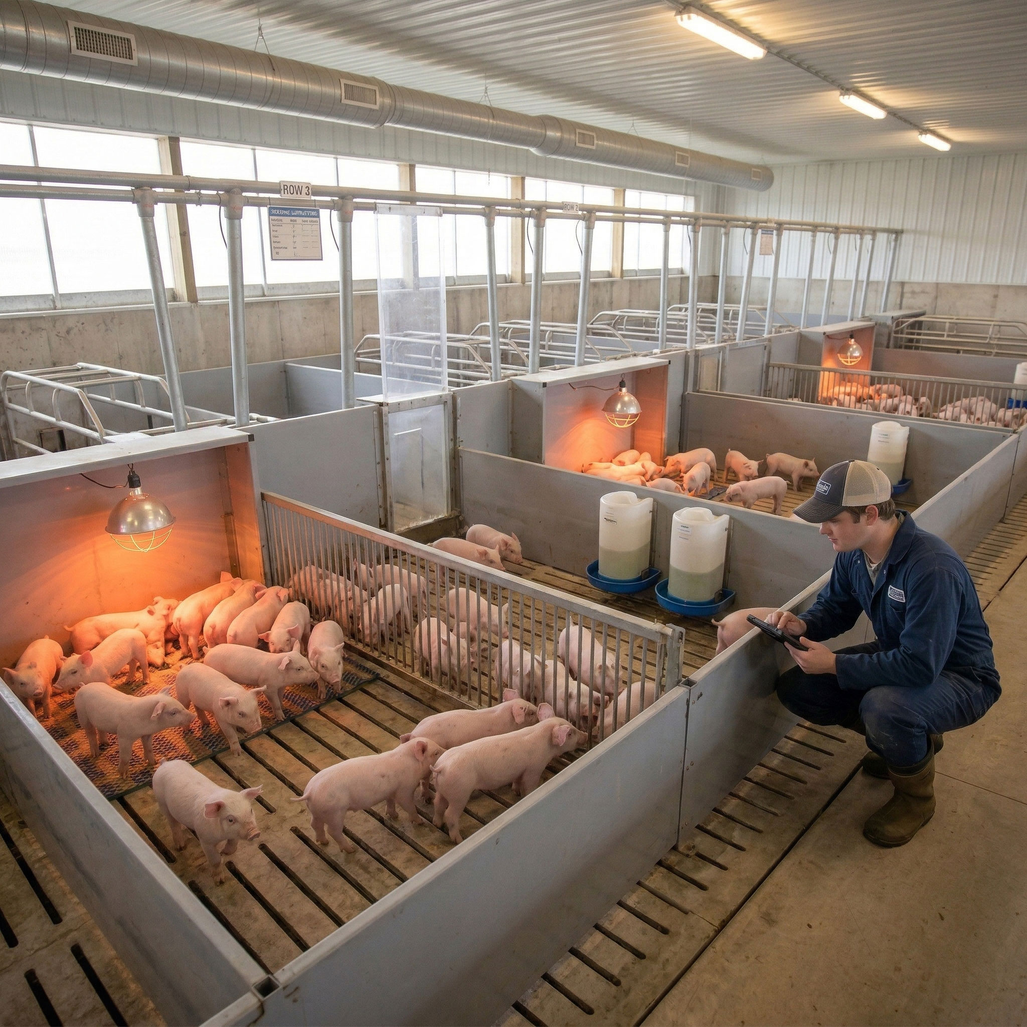 Nursery house interior showing pig shed design with grouped piglet pens, heated areas, slatted flooring, drinking tanks, side windows, overhead ventilation duct, and staff inspection.
