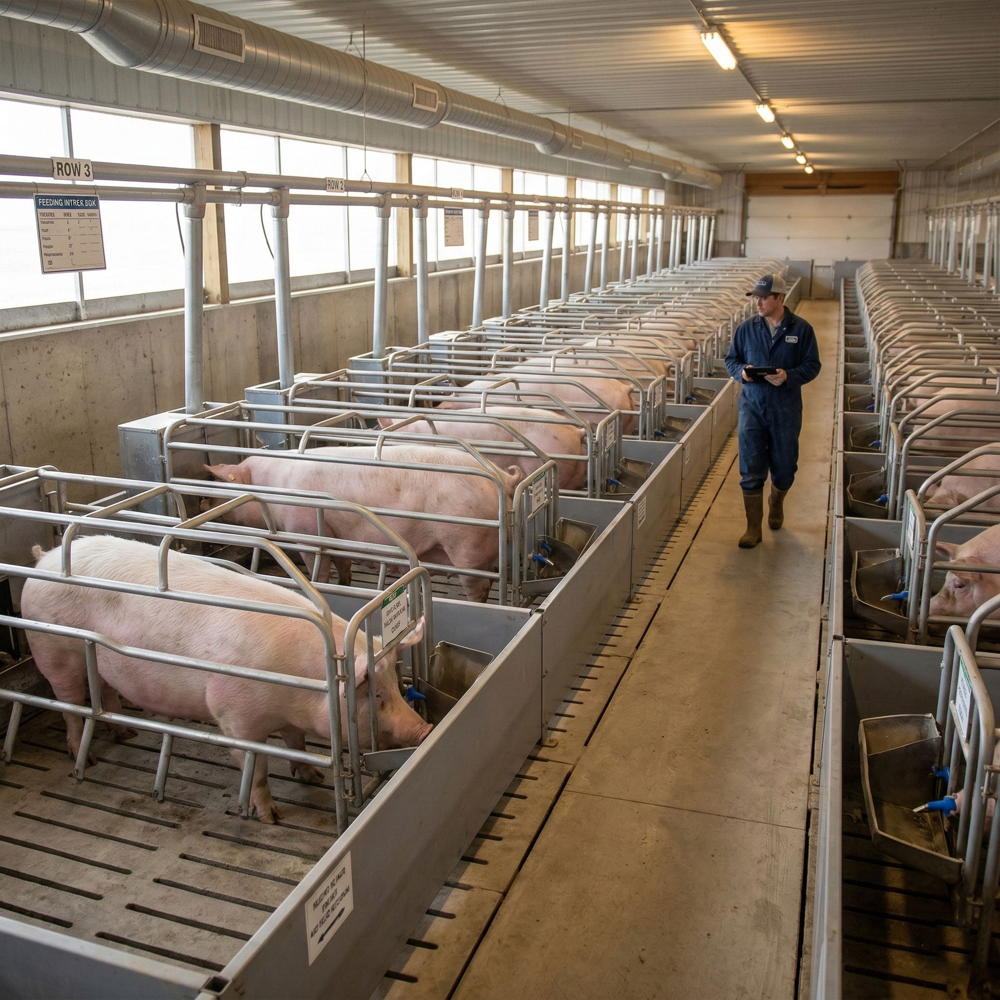 Gestation house interior with organized pig shed layout, individual sow pens, feeding troughs, drinking points, side windows, and overhead ventilation duct for commercial pig farm management.