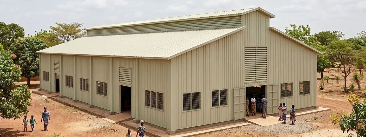 Prefab church building with metal wall panels, raised roof ventilation, multiple windows, and side entrances for community worship projects.