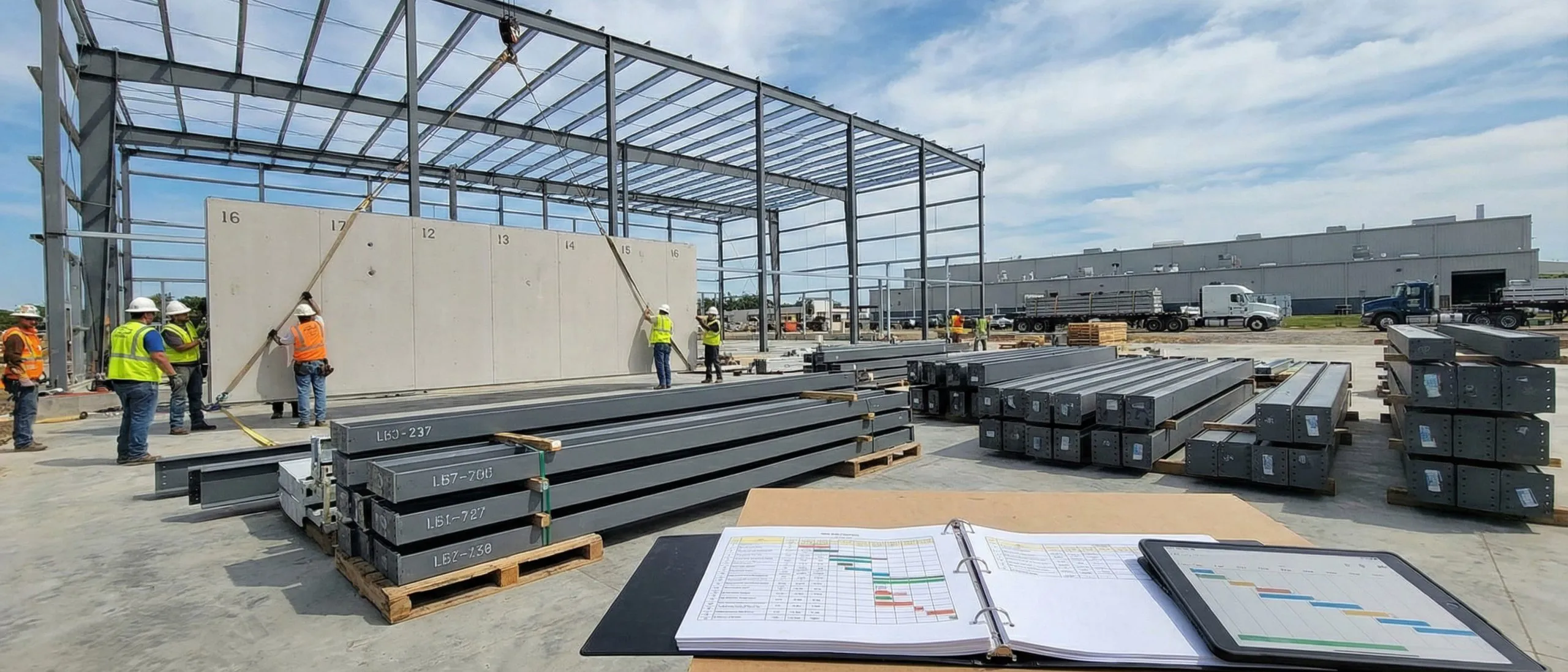 Workers install wall panels beside labeled steel components during prefab gym building assembly.