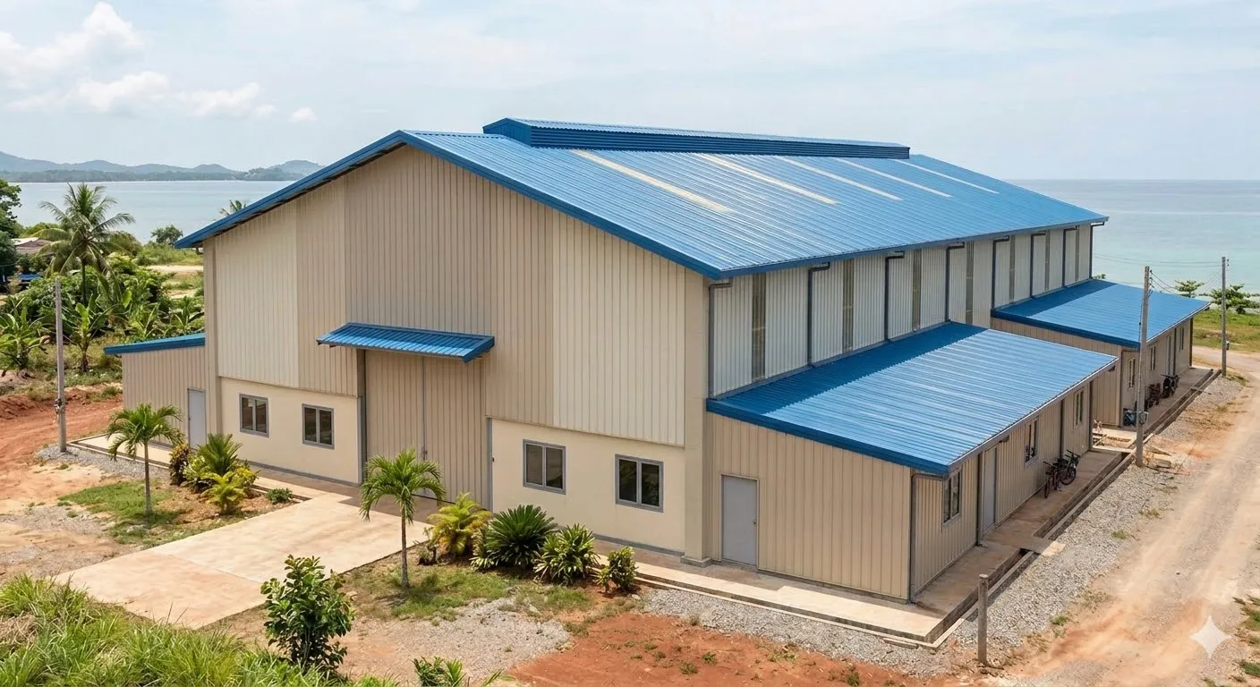 Prefabricated church building with blue metal roofing, vertical wall panels, side annex structure, and coastal project layout for worship and community use.