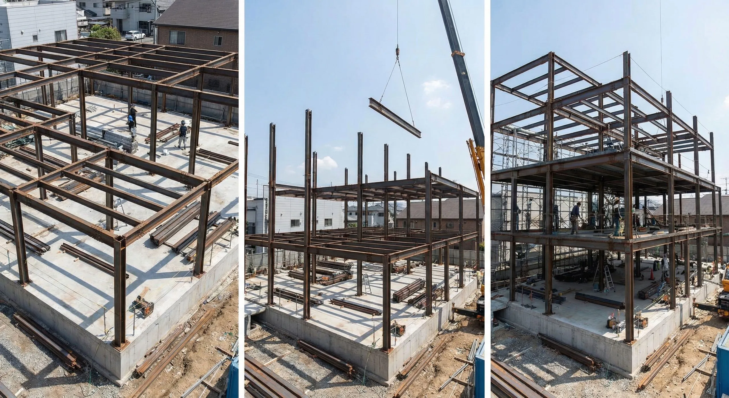 Staged assembly of a prefabricated multi-storey steel building, showing columns, beams and crane-assisted frame erection.