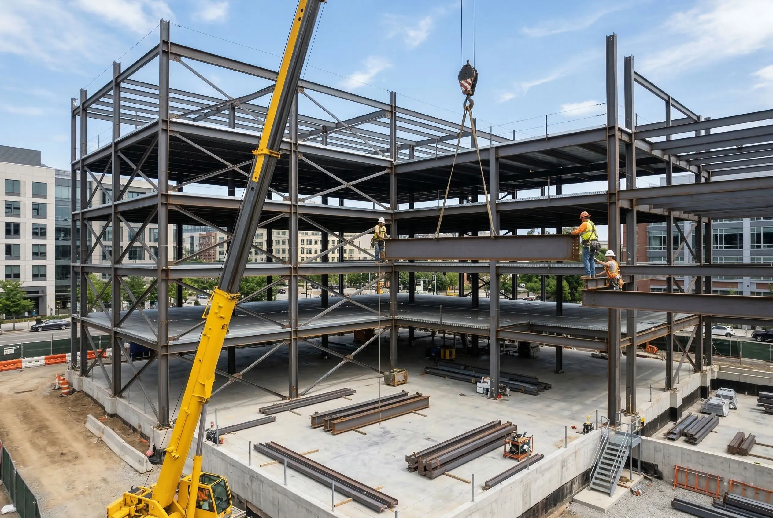 Steel frame installation for a prefabricated office building, showing crane lifting, multi-level structural assembly, and on-site construction of a modern steel office project.